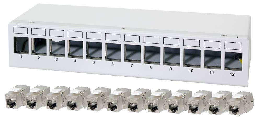 Ein weißes 12-Port-Patchpanel mit nummerierten Steckplätzen und einer Reihe von 12 ungeschirmten Keystonebuchsen darunter, verwendet für Netzwerkverbindungen.