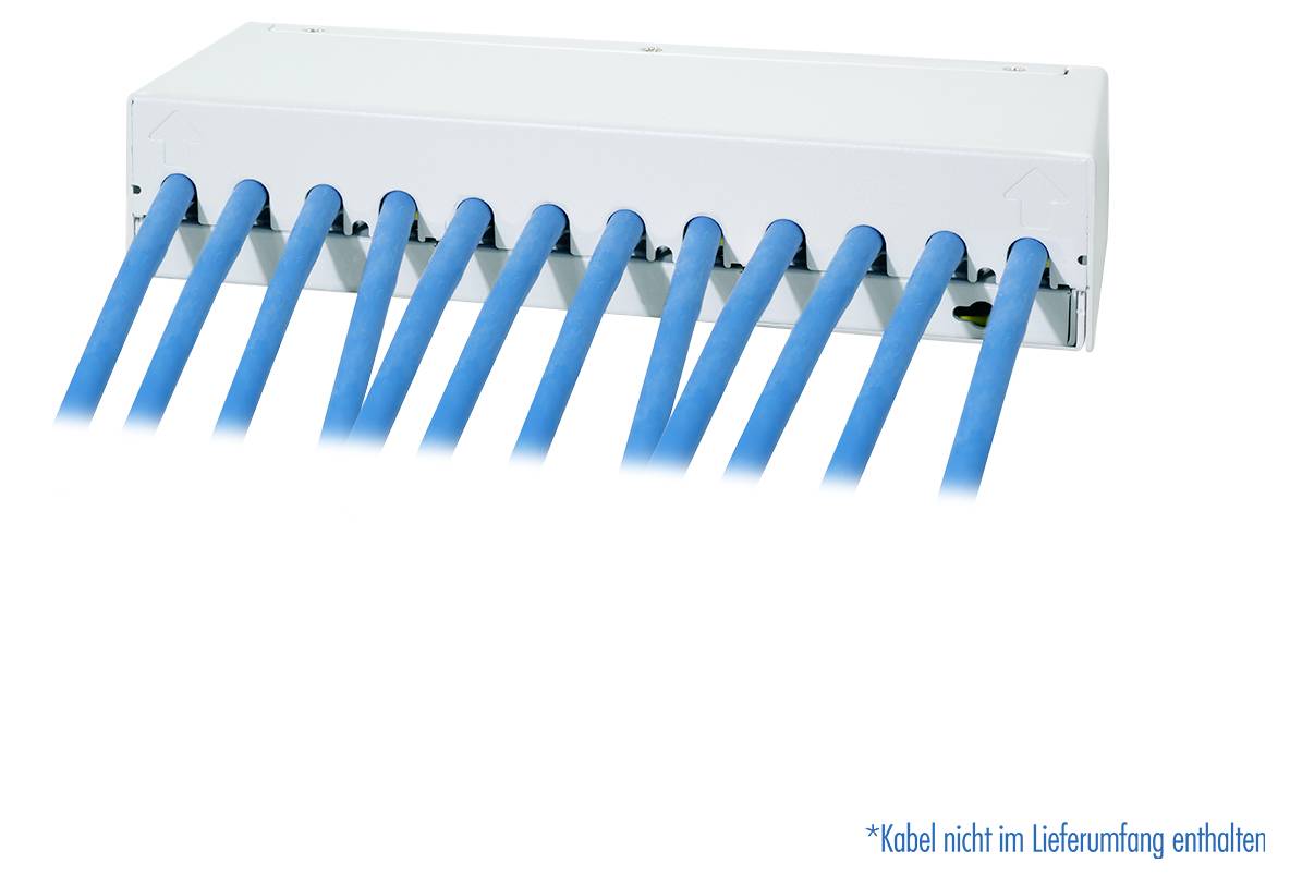 Eine rechteckige weiße Box mit zehn blauen Kabeln, die in einer Reihe herausragen. Der Text weist darauf hin, dass Kabel nicht im Lieferumfang enthalten sind.