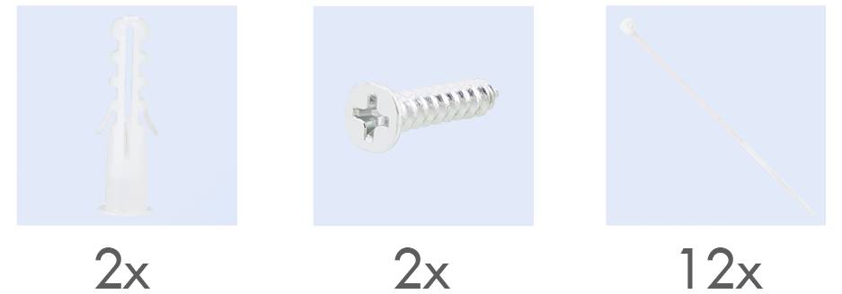 Bild zeigt einen Dübel, eine Schraube und ein Kabelbinder, jeweils mit Mengenangaben: 2 Dübel, 2 Schrauben, 12 Kabelbinder.