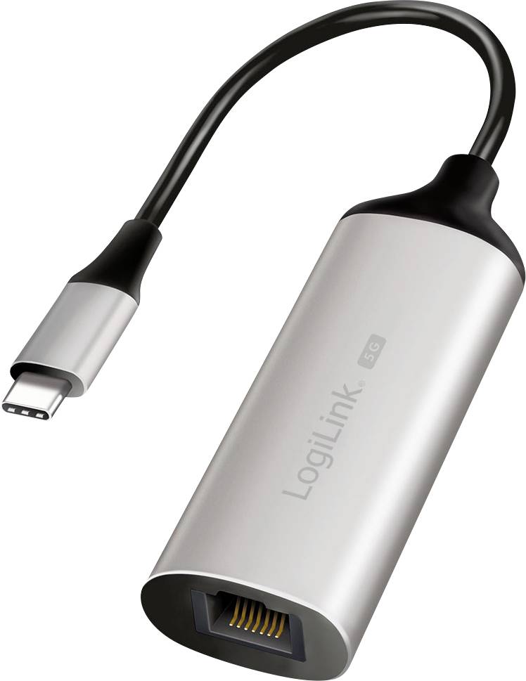 Ein USB-C zu Ethernet-Adapter mit metallfarbener Oberfläche, mit der Aufschrift 'LogiLink', der zum Anschluss von Geräten an ein kabelgebundenes Netzwerk verwendet wird.