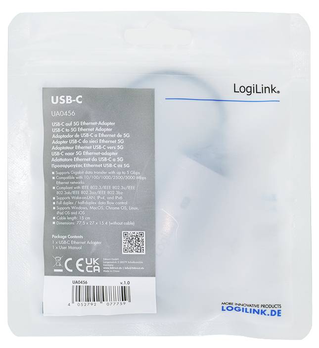 Eine Verpackung zeigt einen LogiLink USB-C zu 5G Ethernet Adapter mit der Modellnummer UA0456. Sie hebt Funktionen und Kompatibilitätsdetails hervor.