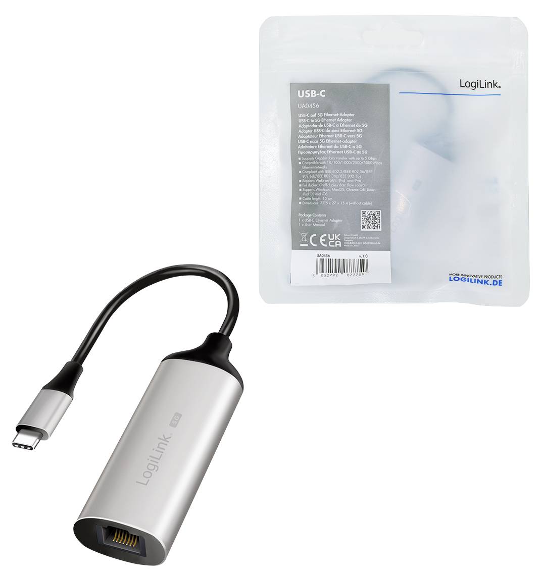 USB-C zu Ethernet-Adapter von LogiLink mit flexiblem Kabel und metallischer Oberfläche, präsentiert neben seiner Verpackung mit Produktspezifikationen.