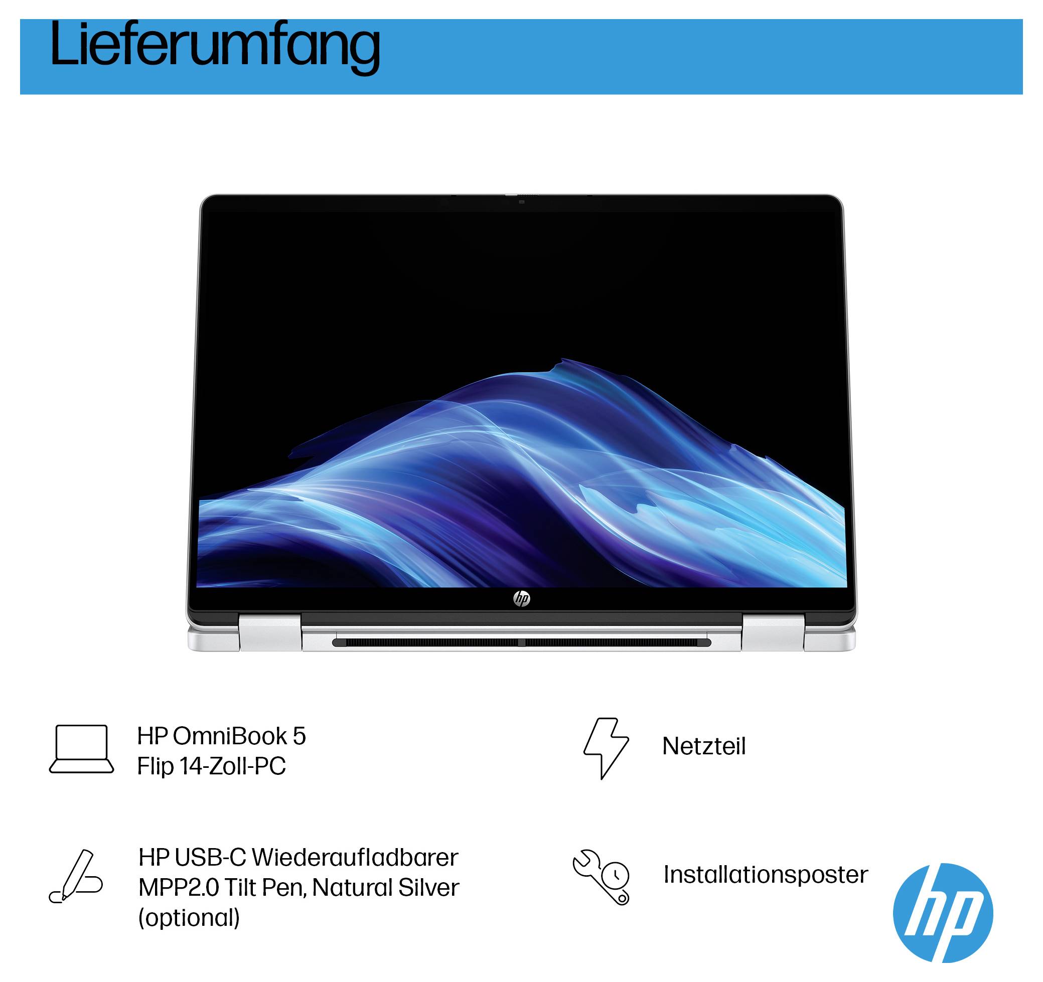 HP 2-in-1 Notebook / Tablet 14-fp0055ng Glacier Silver 35.6cm (14 Zoll) 2K Intel® Core™ 5 16GB RAM 512GB SSD Deutsch, QWERTZ Intel