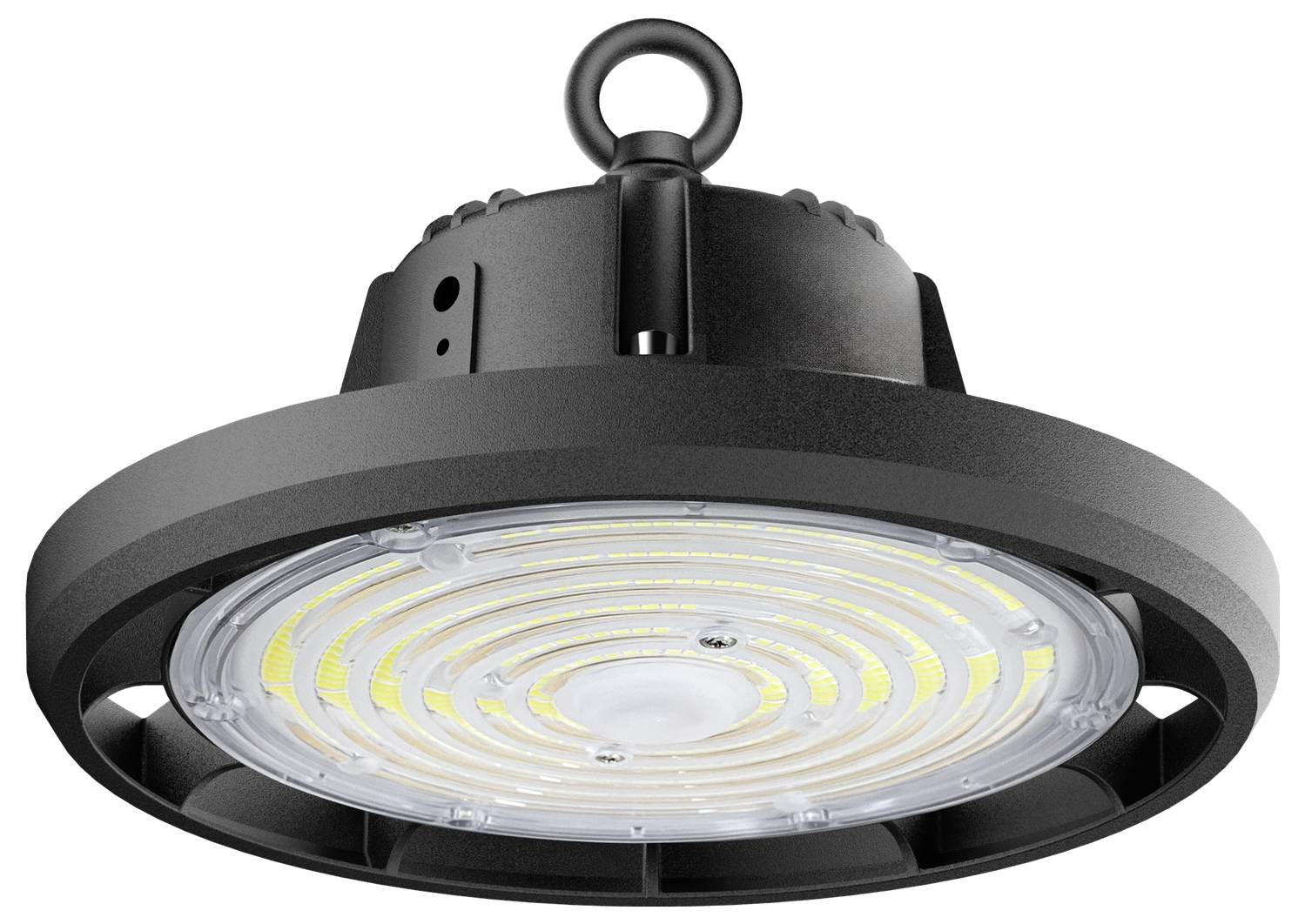 Industrielle LED-Hallentiefstrahler mit kreisförmigem Design und mehreren LED-Streifen, bestimmt für die Beleuchtung großer Flächen wie Lagerhallen.