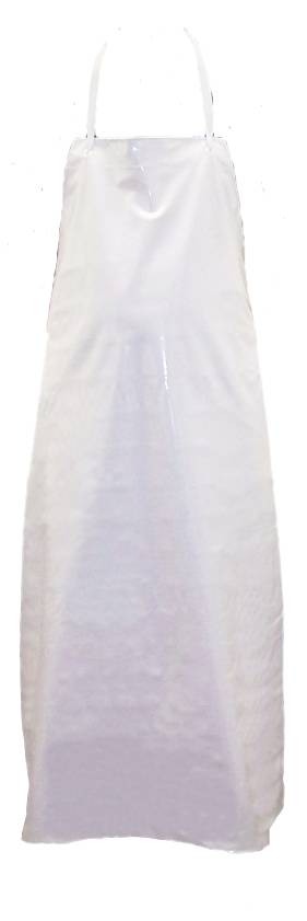Ein weißer, knielanger Plastikschurz mit Nackengurt und Taillenbändern, entwickelt für den Einsatz als Schutzkleidung.