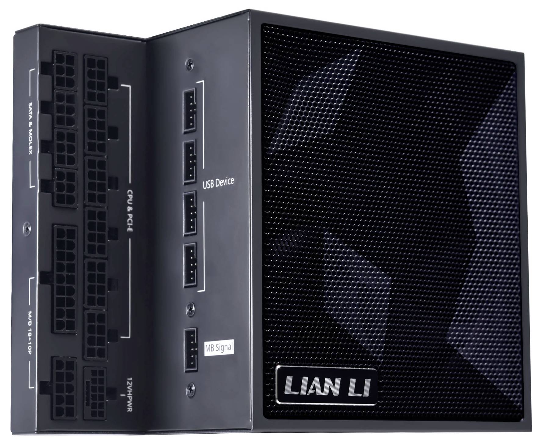 Netzteil von 'Lian Li' mit mehreren Anschlüssen für CPU, PCIe und andere Verbindungen auf der linken Seite, mit einer Mesh-Frontblende.