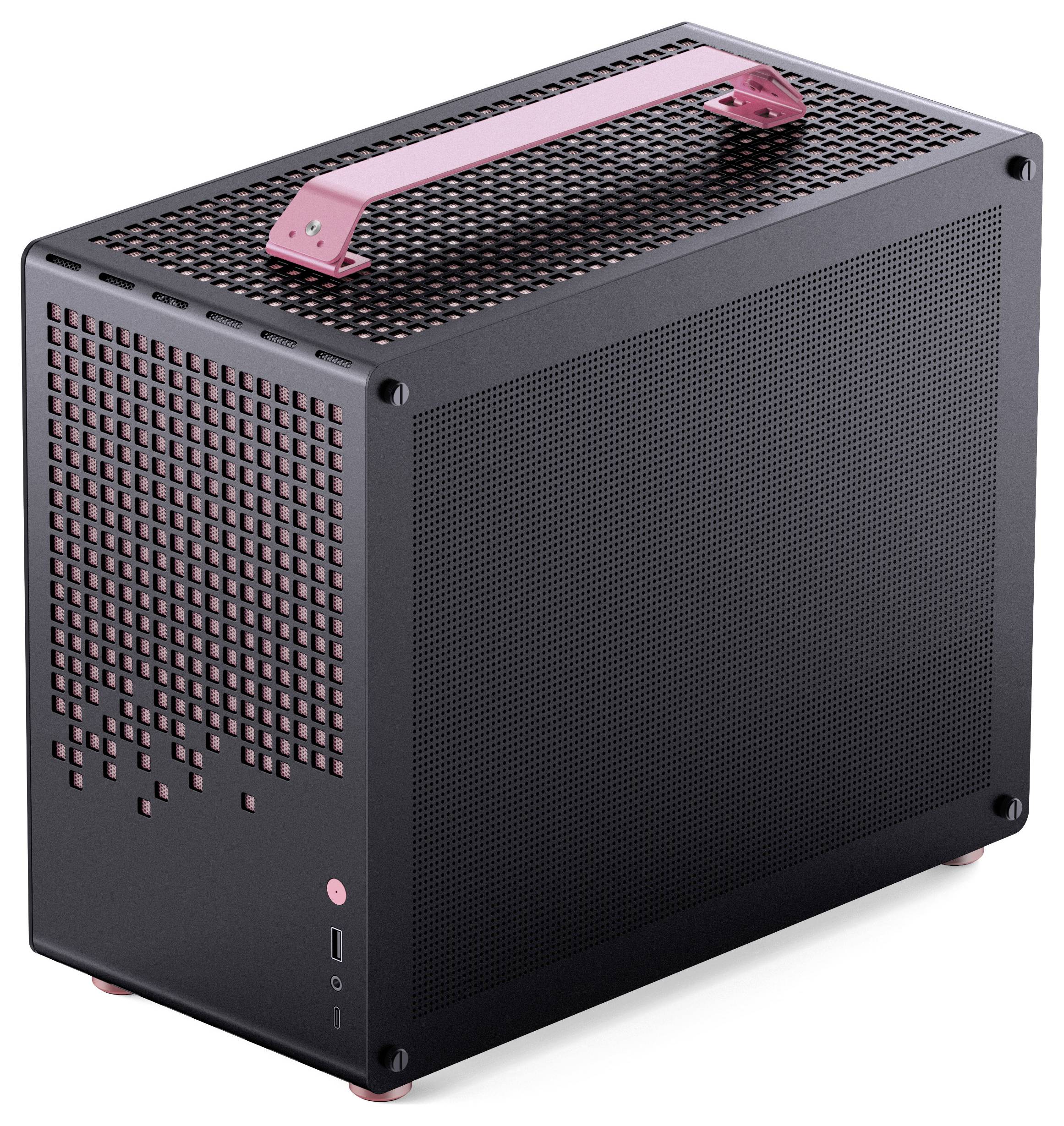 Ein schwarzes Computergehäuse mit rosa metallfarbenem Griff und Akzenten, das eine Gitterstruktur von Belüftungslöchern an der Seite zur Kühlung aufweist.