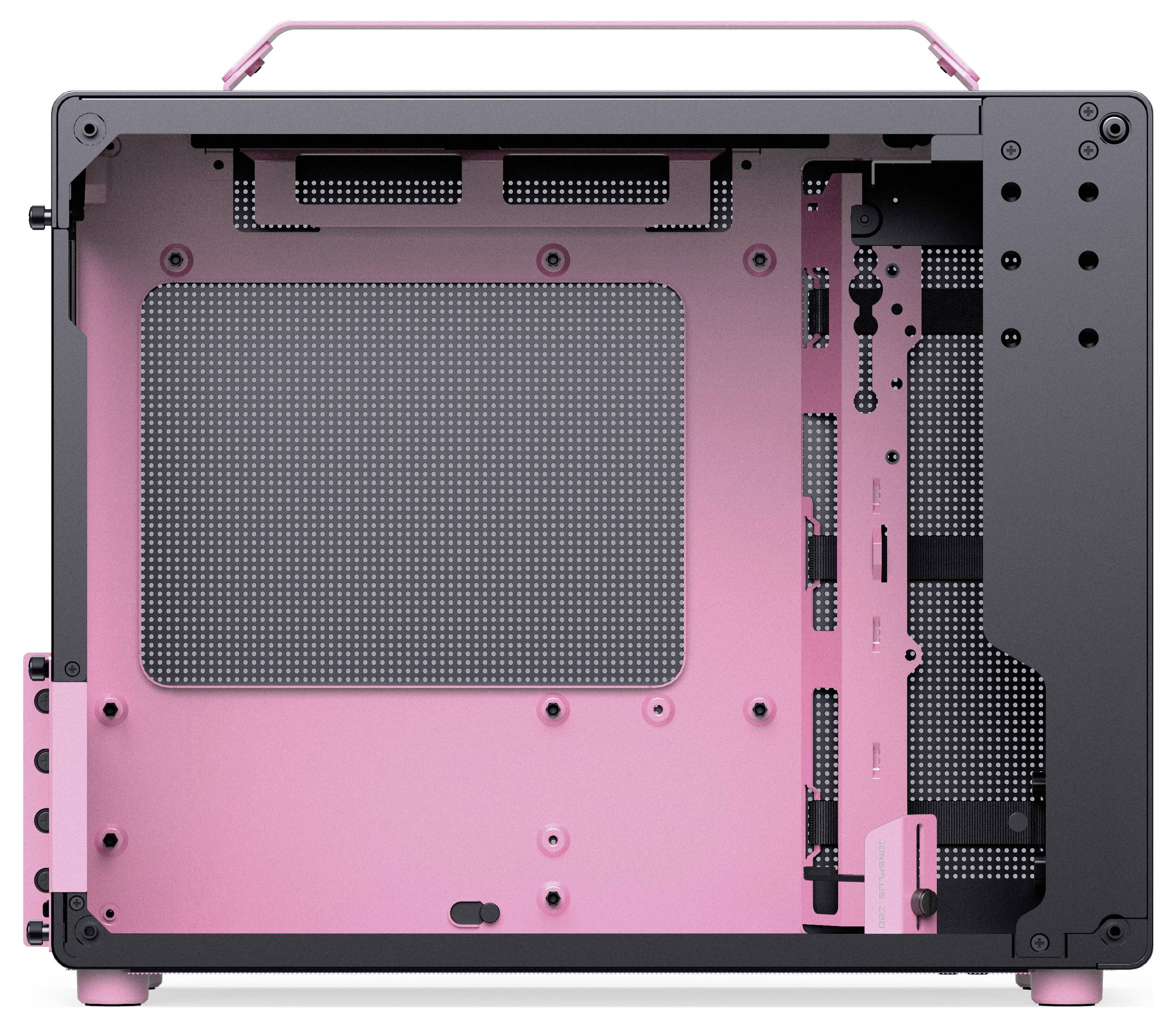 Ein schwarzes und pinkes Computergehäuse mit geöffnetem Seitenpanel, das Platz für Komponenten und Lüftungslöcher zeigt.