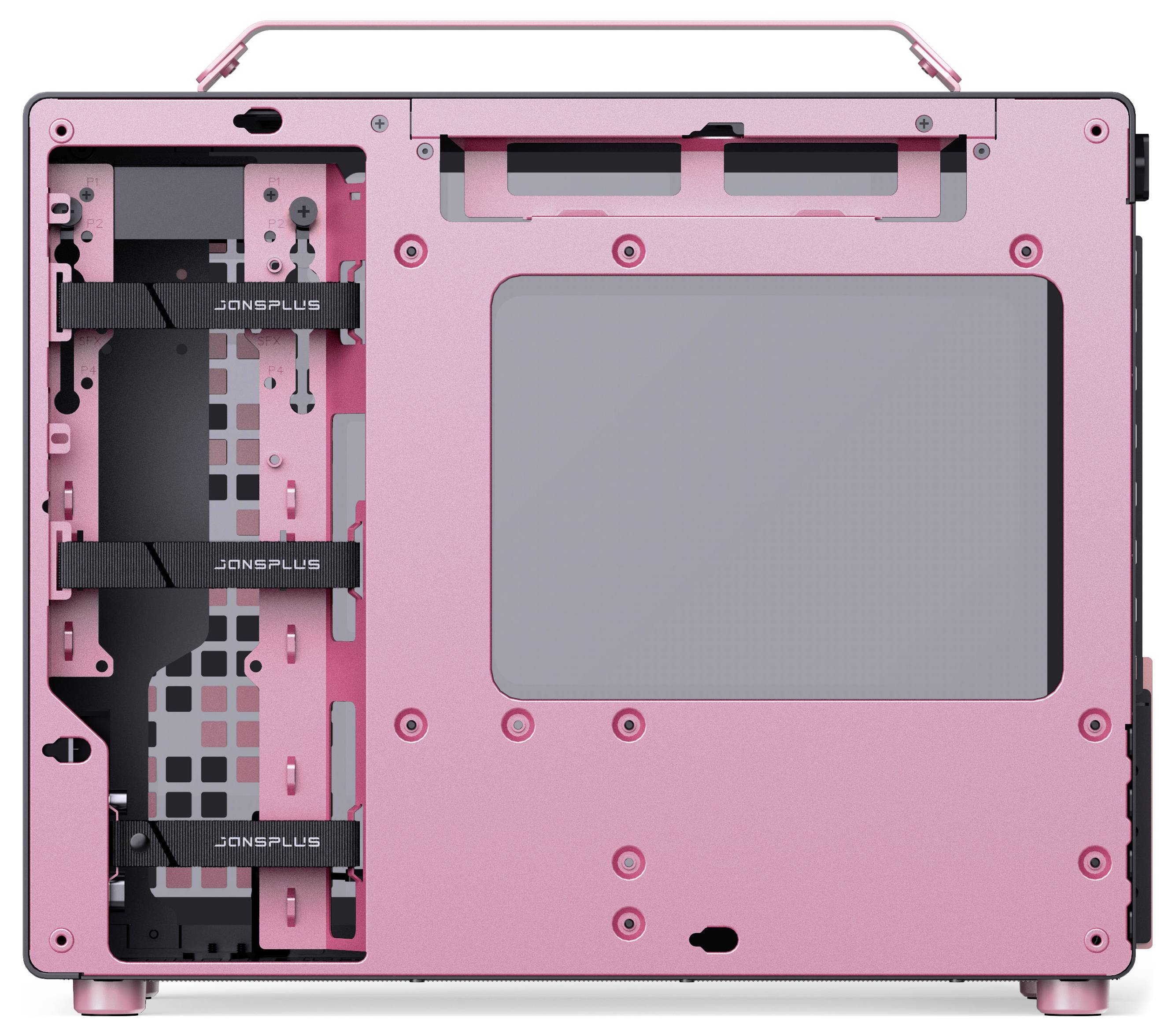 Seitenansicht eines pinken Computergehäuses, die den Innenrahmen mit Montagebereichen für Komponenten zeigt.