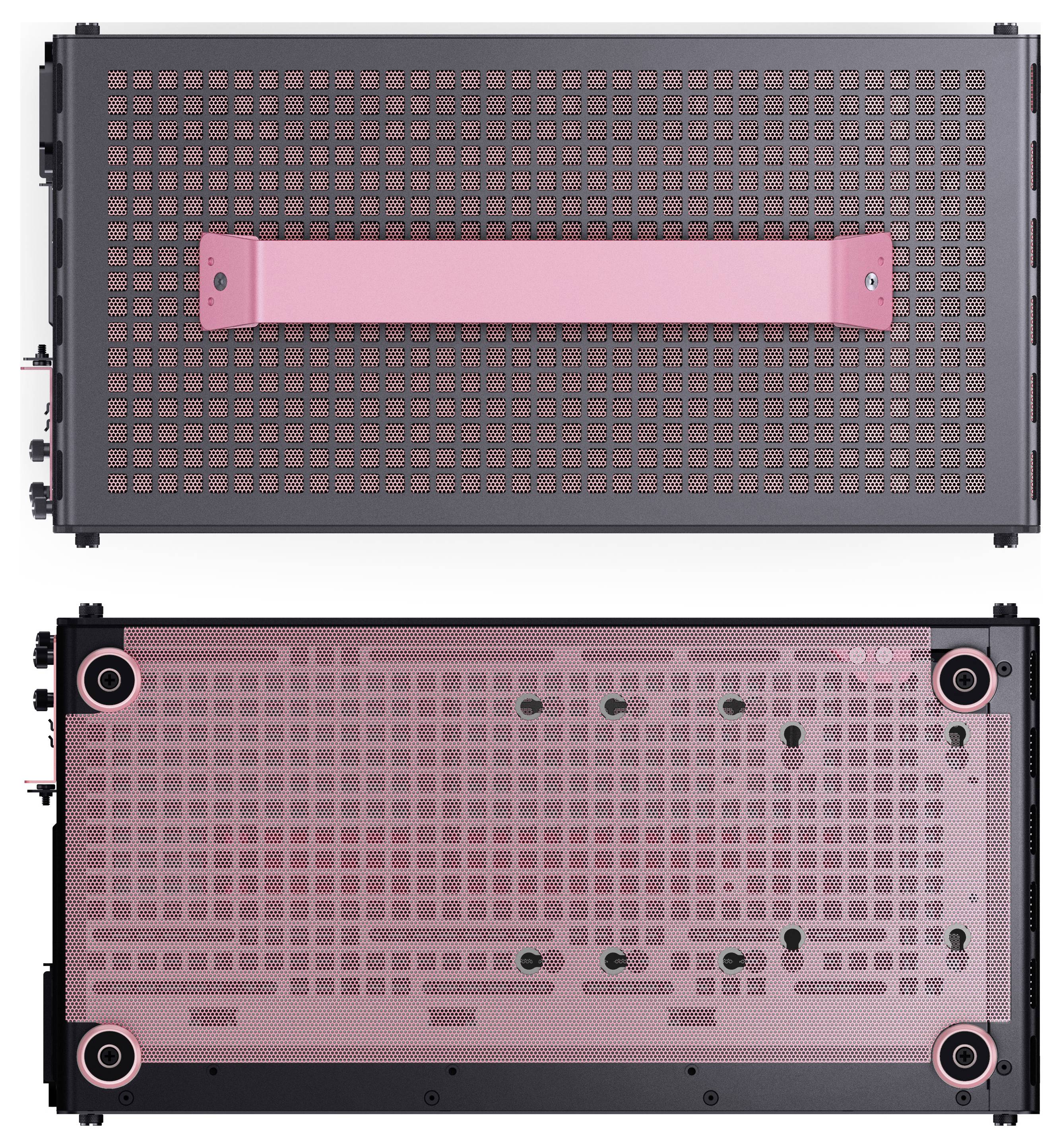 Rückseite eines elektronischen Geräts mit Lüftungsgitter und Befestigungsklammern. Rosa Schutzabdeckung über Komponenten. Schrauben sichtbar.
