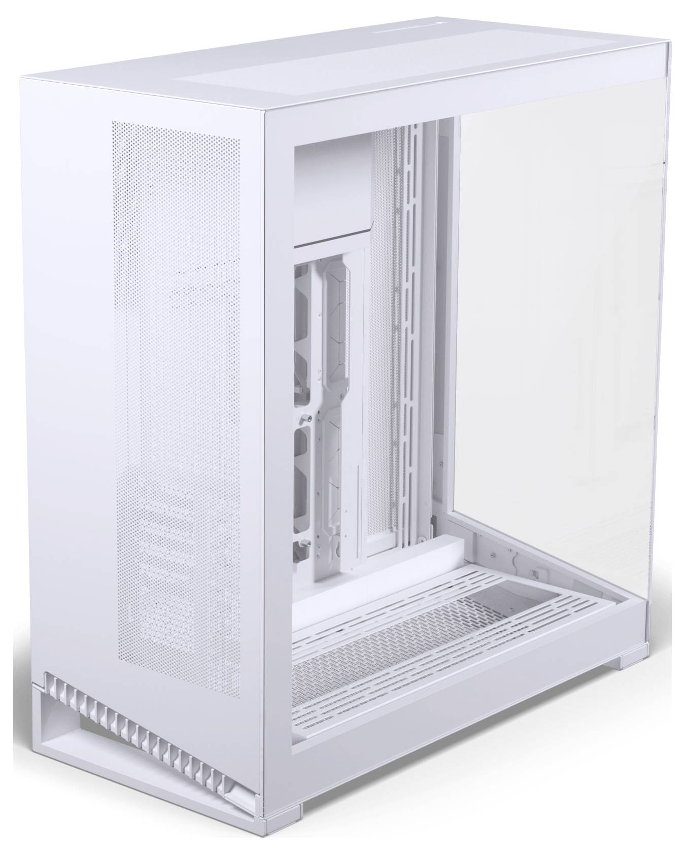 Weißes Computergehäuse mit transparentem Seitenfenster, das einen leeren Innenraum mit vorgesehenen Einbauplätzen für Komponenten zeigt.