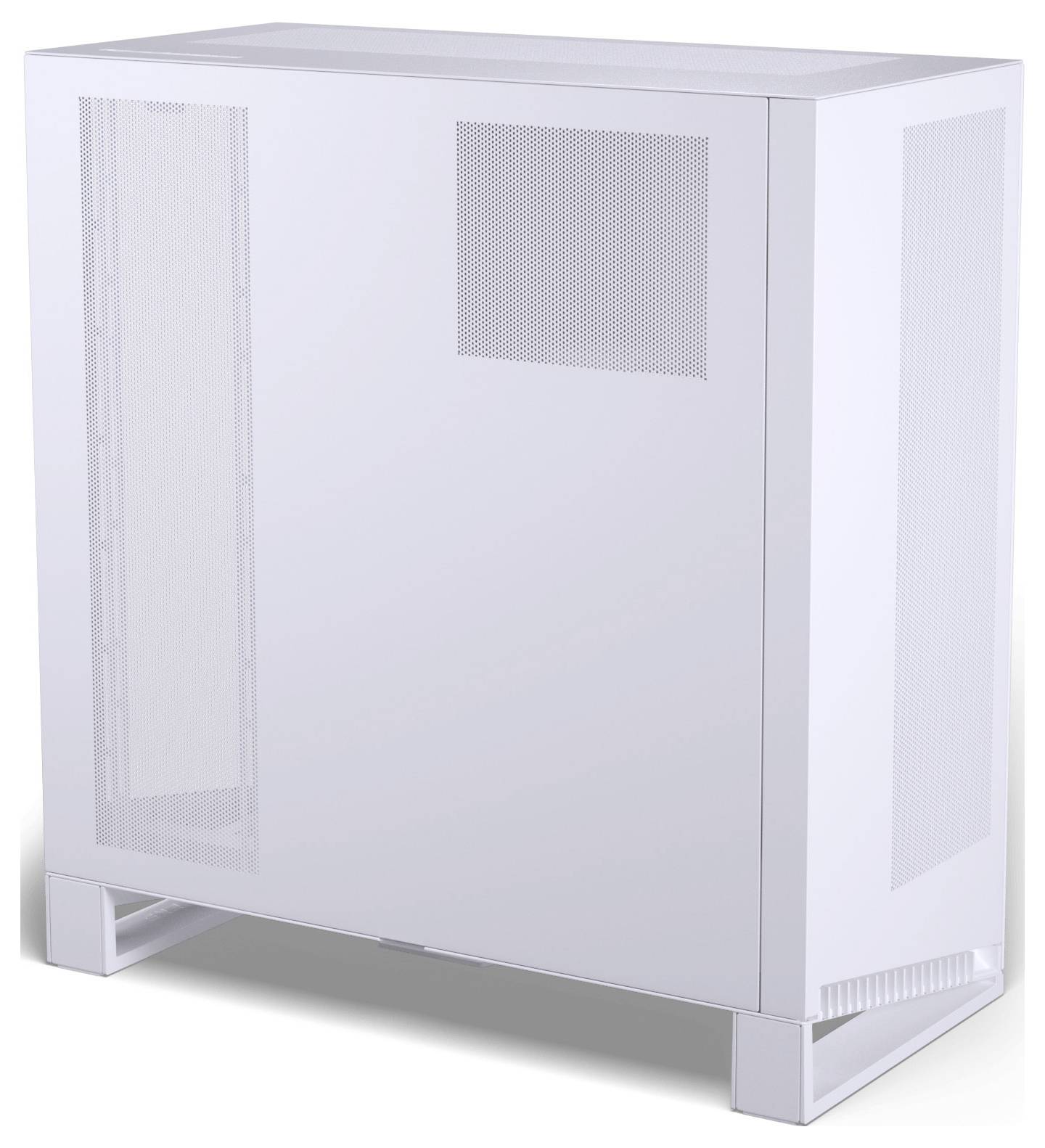 Eine weiße, minimalistische Computergehäuse mit einer gelochten Seitenwand für Luftzirkulation, aufrecht auf einer flachen Oberfläche stehend.
