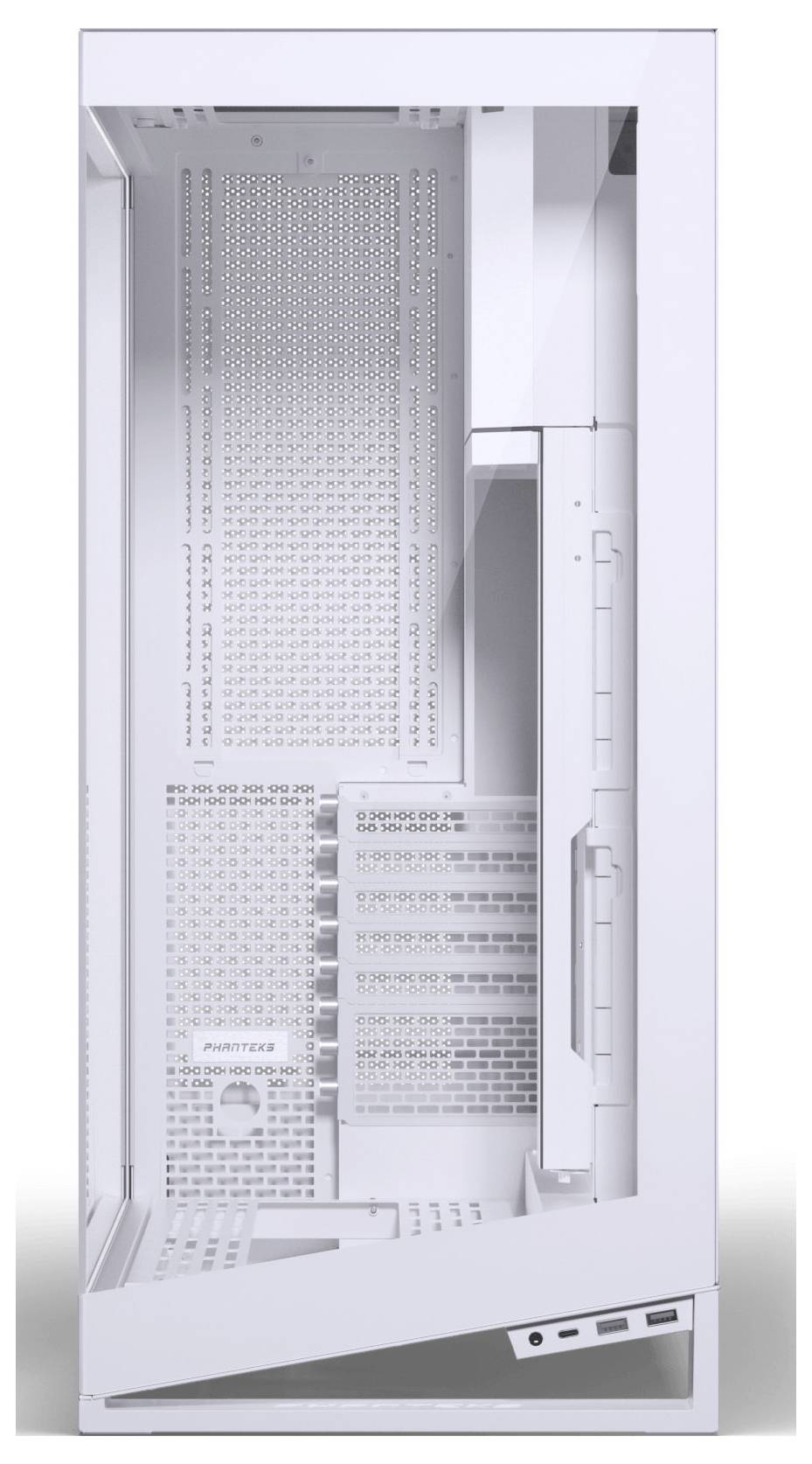 Weißes Computer-Gehäuse, vertikale Ansicht, zeigt durchlöcherte Innenarchitektur für Luftzirkulation, mehrere Einbauschächte für Hardware und minimalistisches Design.