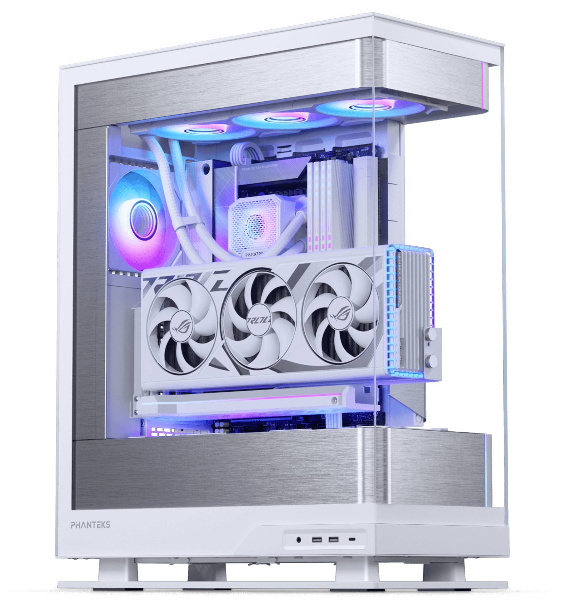 Ein High-Performance-Gaming-Computer mit RGB-Beleuchtung und Glasgehäuse, der ein Wasserkühlingssystem und moderne Hardware-Komponenten präsentiert.