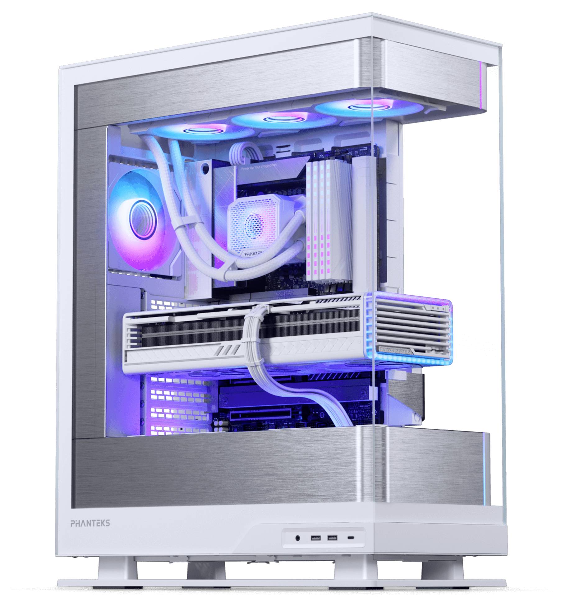 Ein schlanker, moderner Gaming-PC mit sichtbaren Innenkomponenten, RGB-Beleuchtung und einem Phanteks-Etikett, der fortschrittliche Kühlung und Design präsentiert.