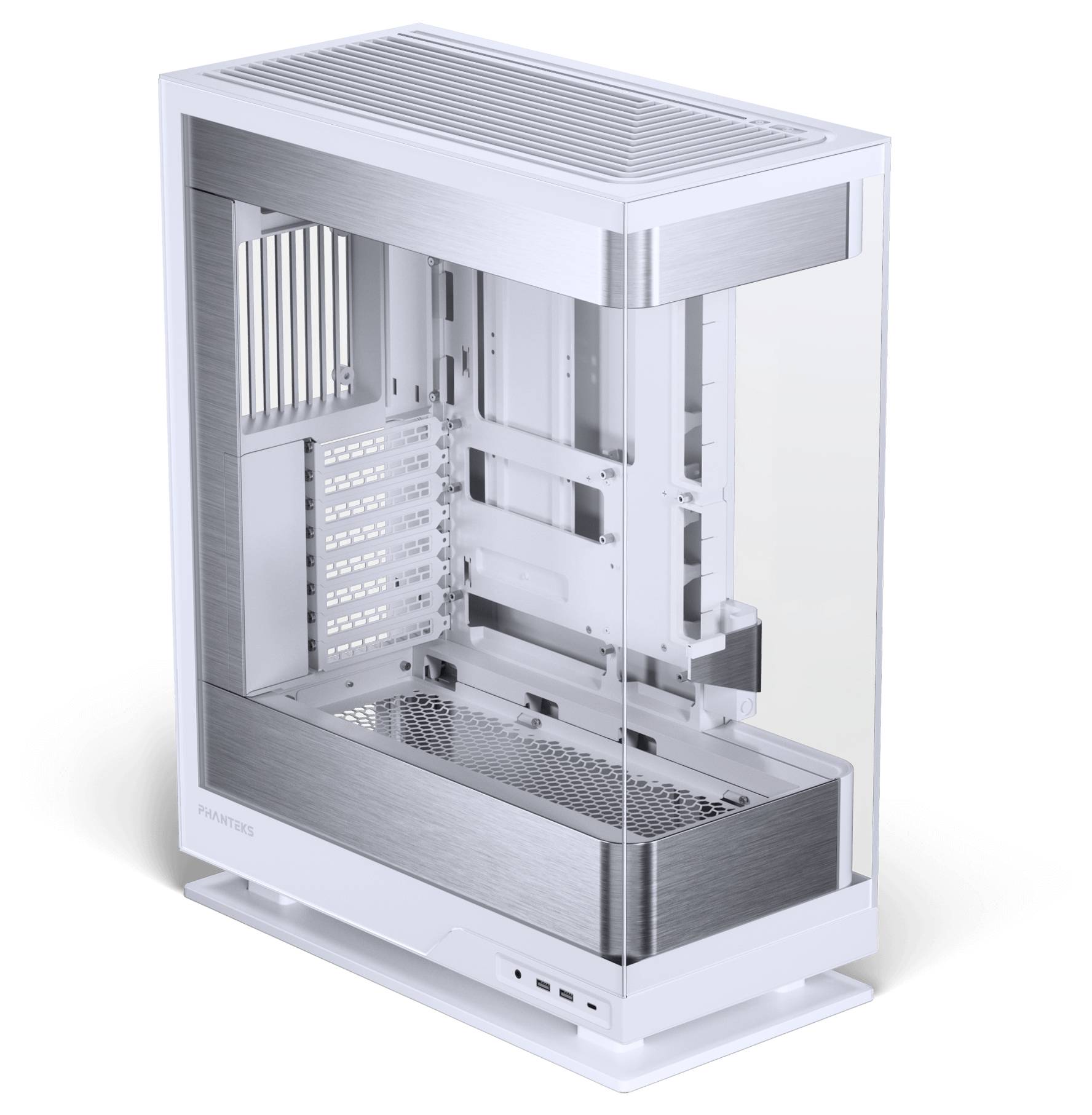 Ein schlanker, moderner weißer Computerturm mit einer Glasseite, der ein minimalistisches Design und mehrere Erweiterungsslots präsentiert.