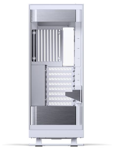 Ein schlankes, modernes Computertower-Gehäuse mit vertikaler Ausrichtung, das mehrere Erweiterungsslots und Belüftungspanels präsentiert, konzipiert für High-Performance-Builds.