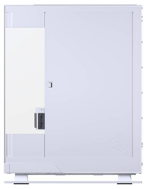 Schlankes weißes Computer-Tower-Gehäuse mit transparentem Seitenfenster und vertikalen Lüftungsschlitzen, konzipiert für moderne Technik-Setups und effiziente Kühlung.