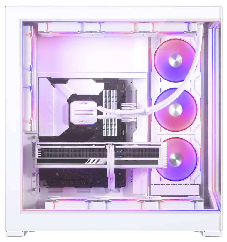 Ein weißes Computergehäuse mit transparenter Seitenscheibe, die Innenkomponenten zeigt, darunter eine Mainboard, drei RGB-Lüfter und ein Kühlsystem.