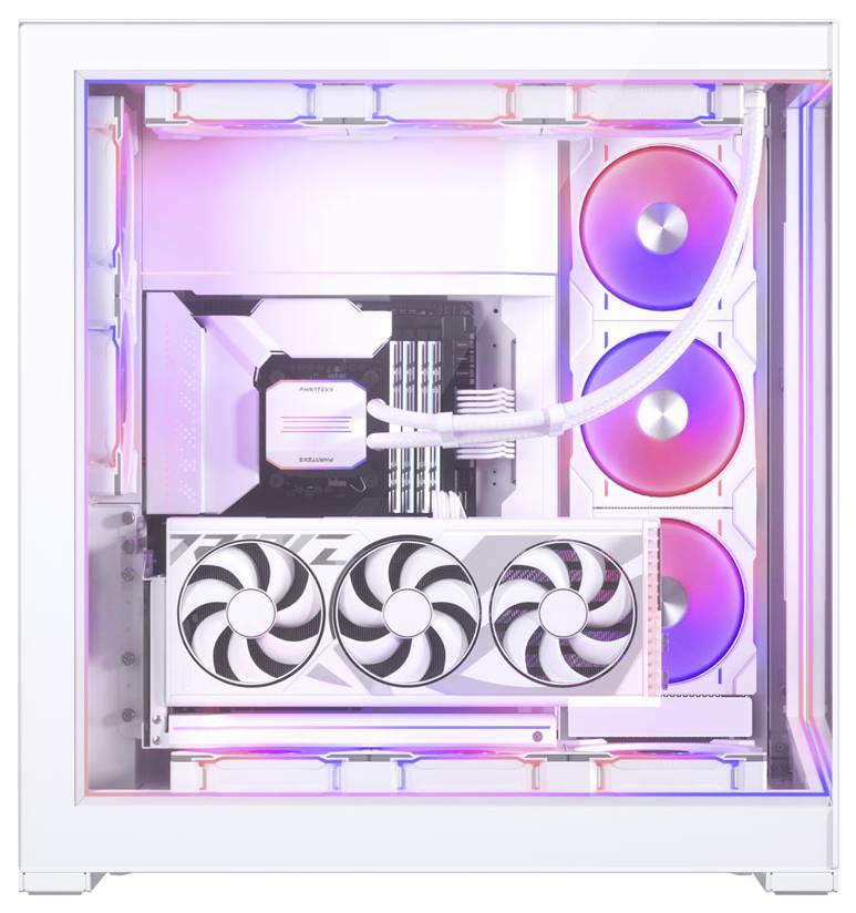 Ein weißer Computergehäuse mit sichtbaren Komponenten, einschließlich einer Grafikkarte und Kühlventilatoren mit rosa und blauen LED-Beleuchtungen.