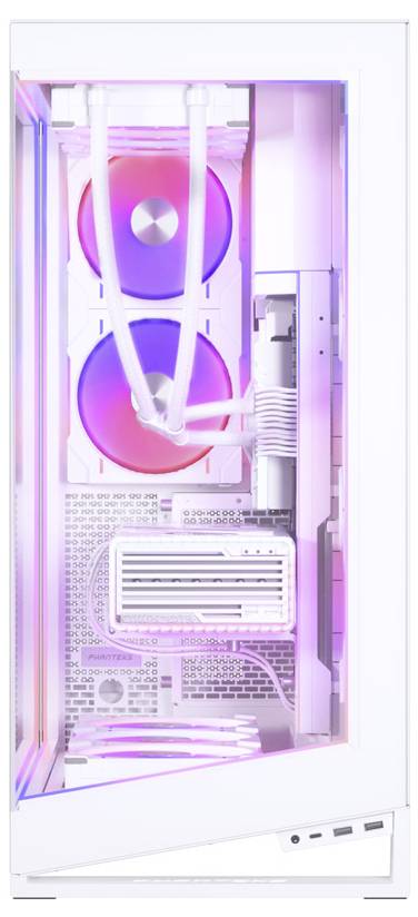 Ein weißes Computergehäuse mit mehreren Kühlventilatoren und RGB-Beleuchtung, die durch eine transparente Seitenscheibe sichtbar sind und einen ordentlich arrangierten Innenraum zur Schau stellen.