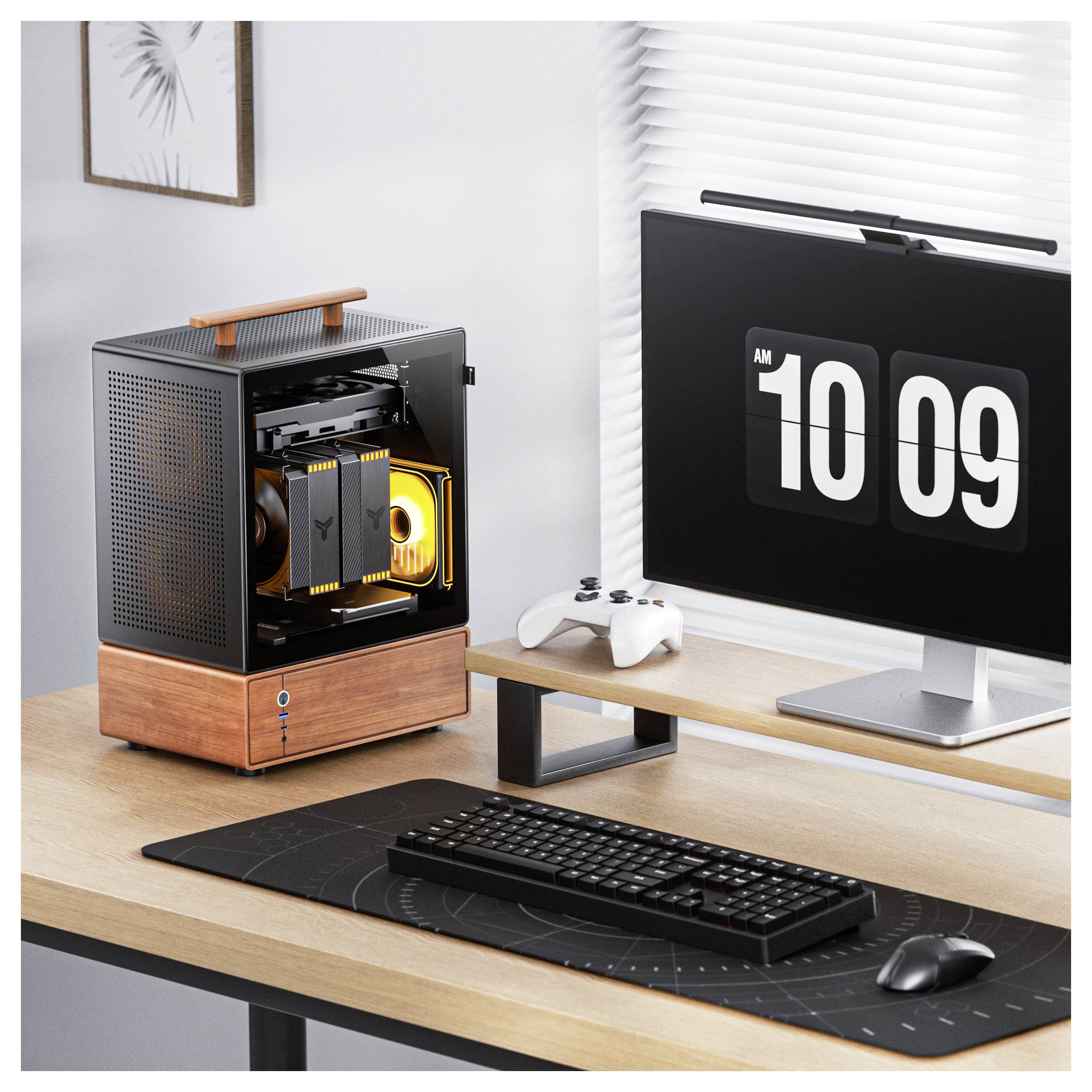 Eine moderne Gaming-PC-Einrichtung mit einem kompakten, schwarzen und holzfarbenen Desktopgehäuse neben einem Monitor, der '10:09 Uhr' anzeigt, sowie einer Tastatur und einem Controller.