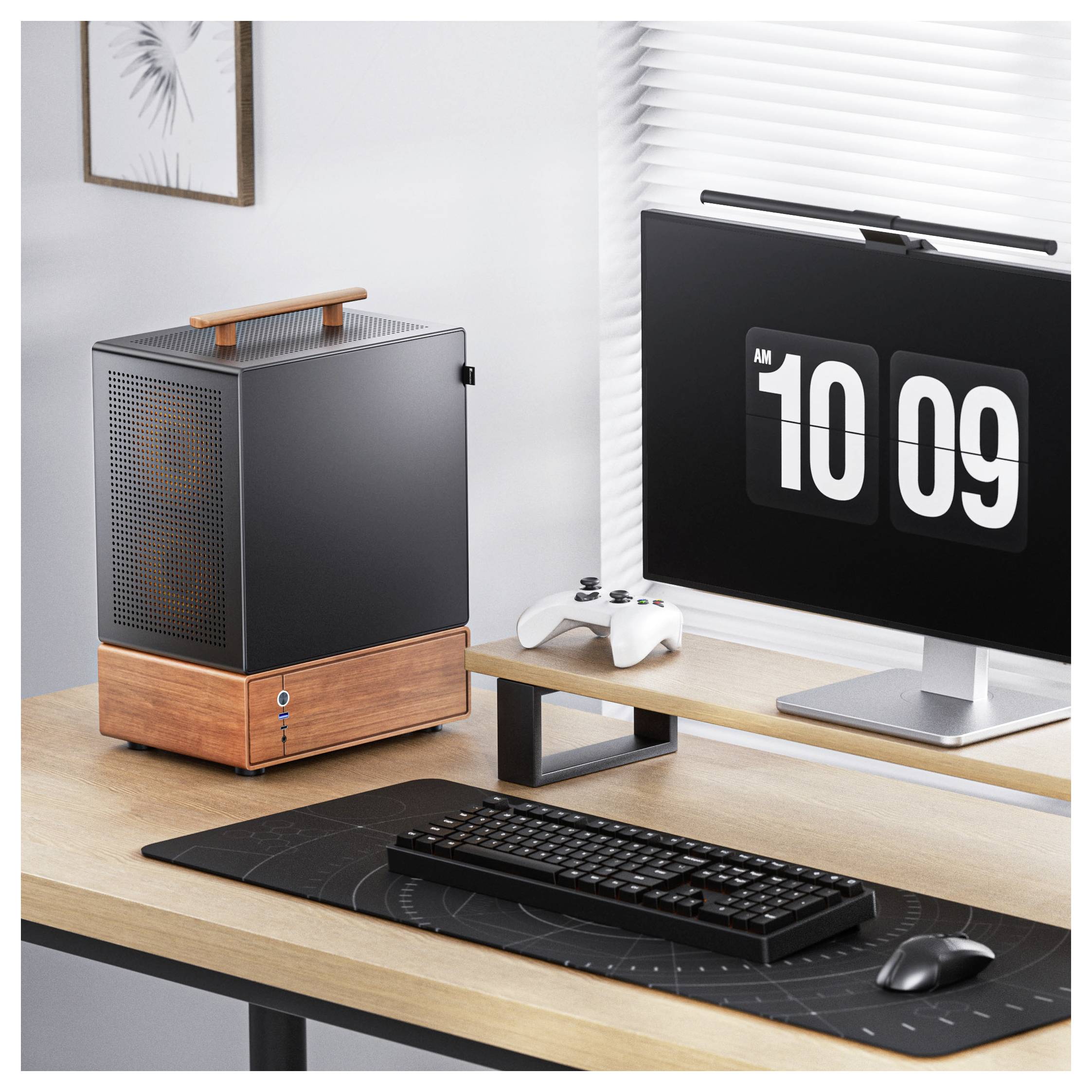 Ein modernes Home-Office-Setup mit einem Computergehäuse aus Holz, einem Computermonitor, auf dem '10:09 Uhr' angezeigt wird, einer Tastatur, einem Gaming-Controller und einer Schreibtischlampe.