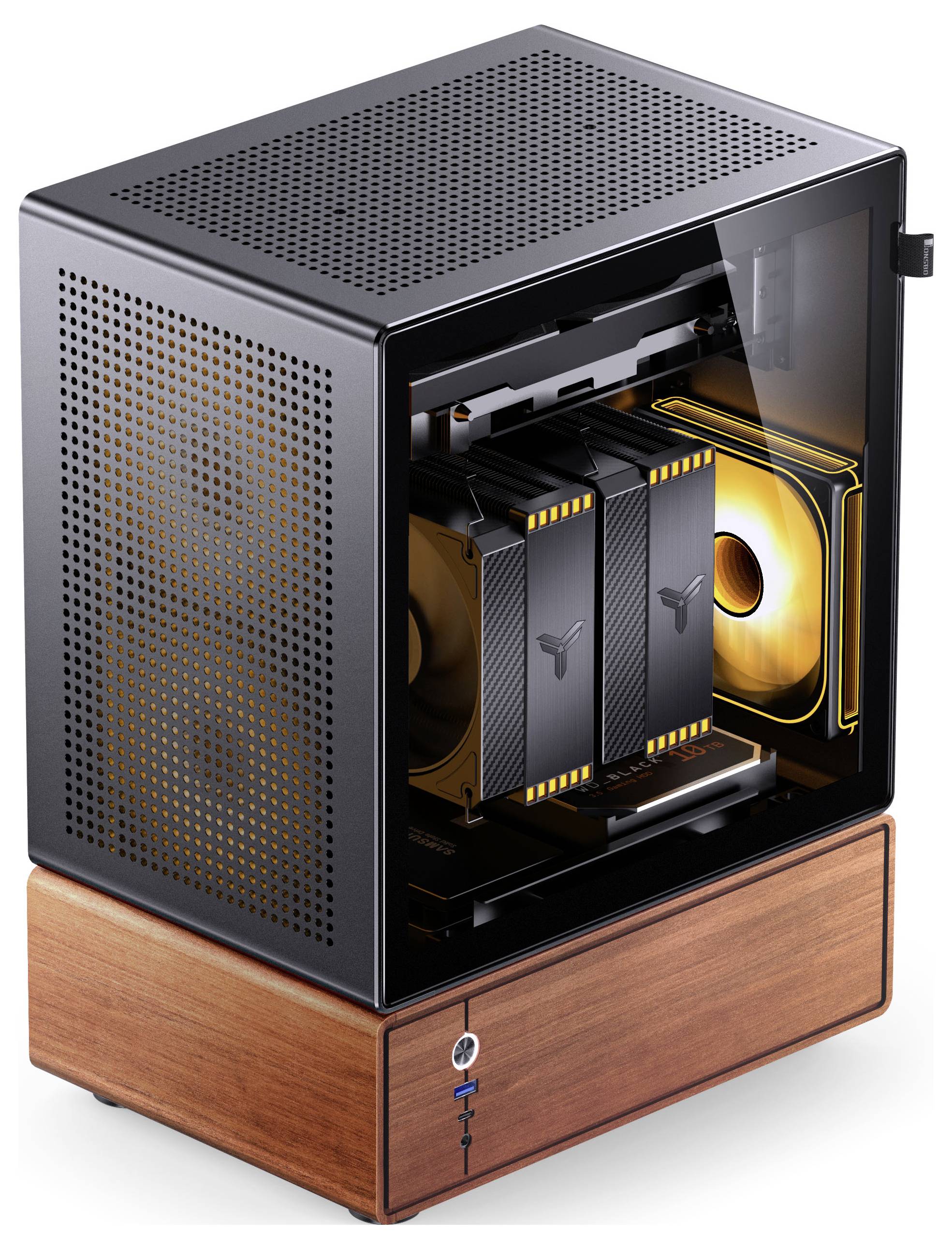 Ein kompaktes Computergehäuse mit einer Metall-Holz-Ästhetik, das Kühlkomponenten und zwei große, sichtbare Grafikkarten im Inneren präsentiert.