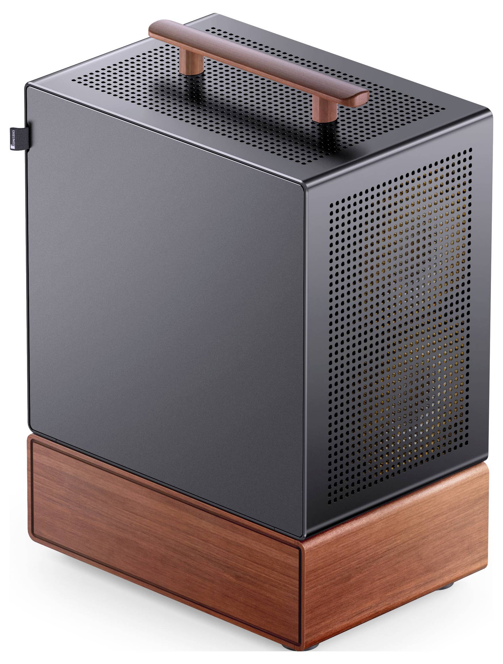 Ein kompakter, moderner Computer-Tower mit einem schwarzen, perforierten Metallgehäuse und einer Holzunterlage, versehen mit einem Ledergriff an der Oberseite.