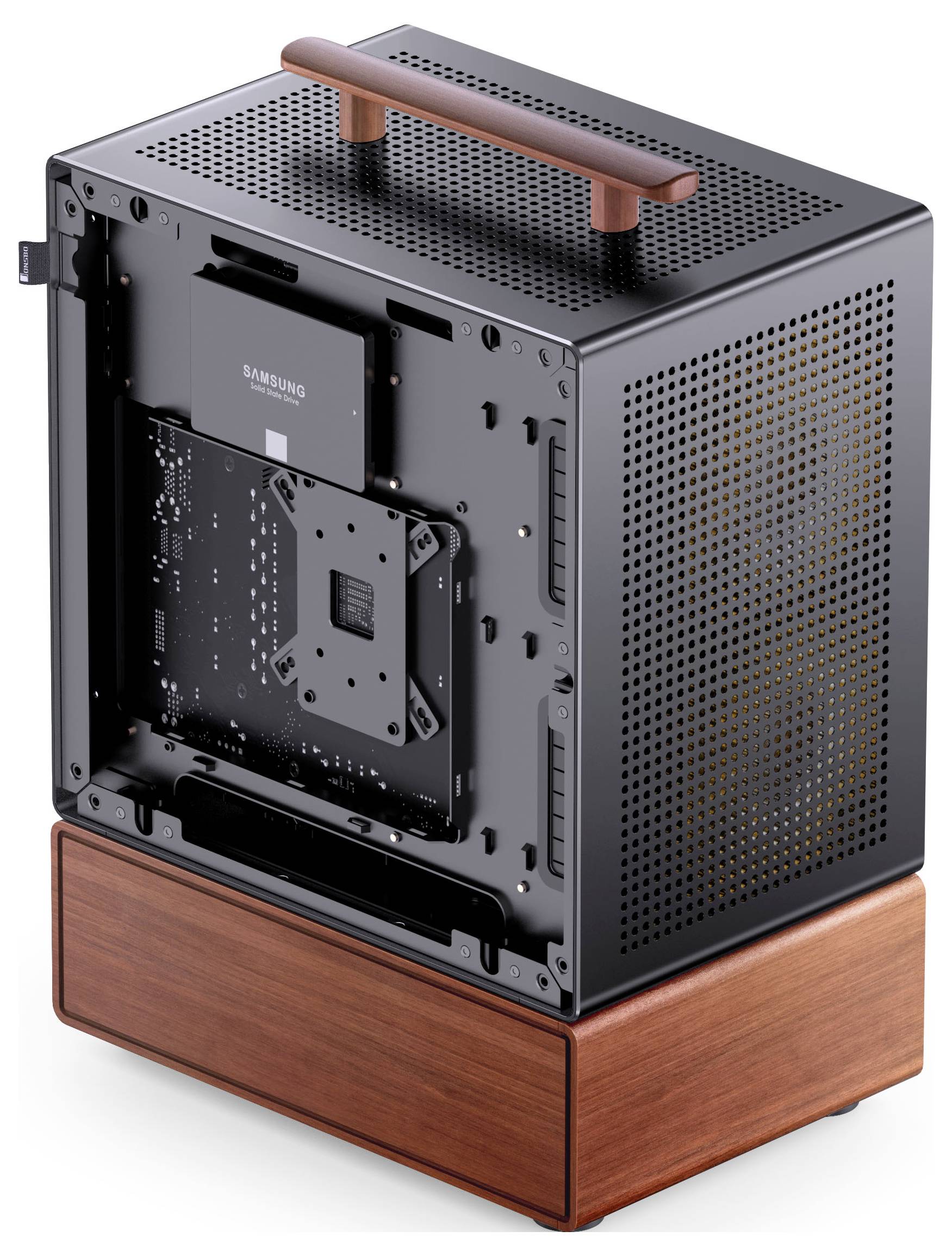 Ein kompaktes, rechteckiges, schwarzes Computergehäuse mit durchlöchertem Design und Holzsockel, ausgestattet mit einem Tragegriff auf der Oberseite und abgenommenem Seitenpanel.