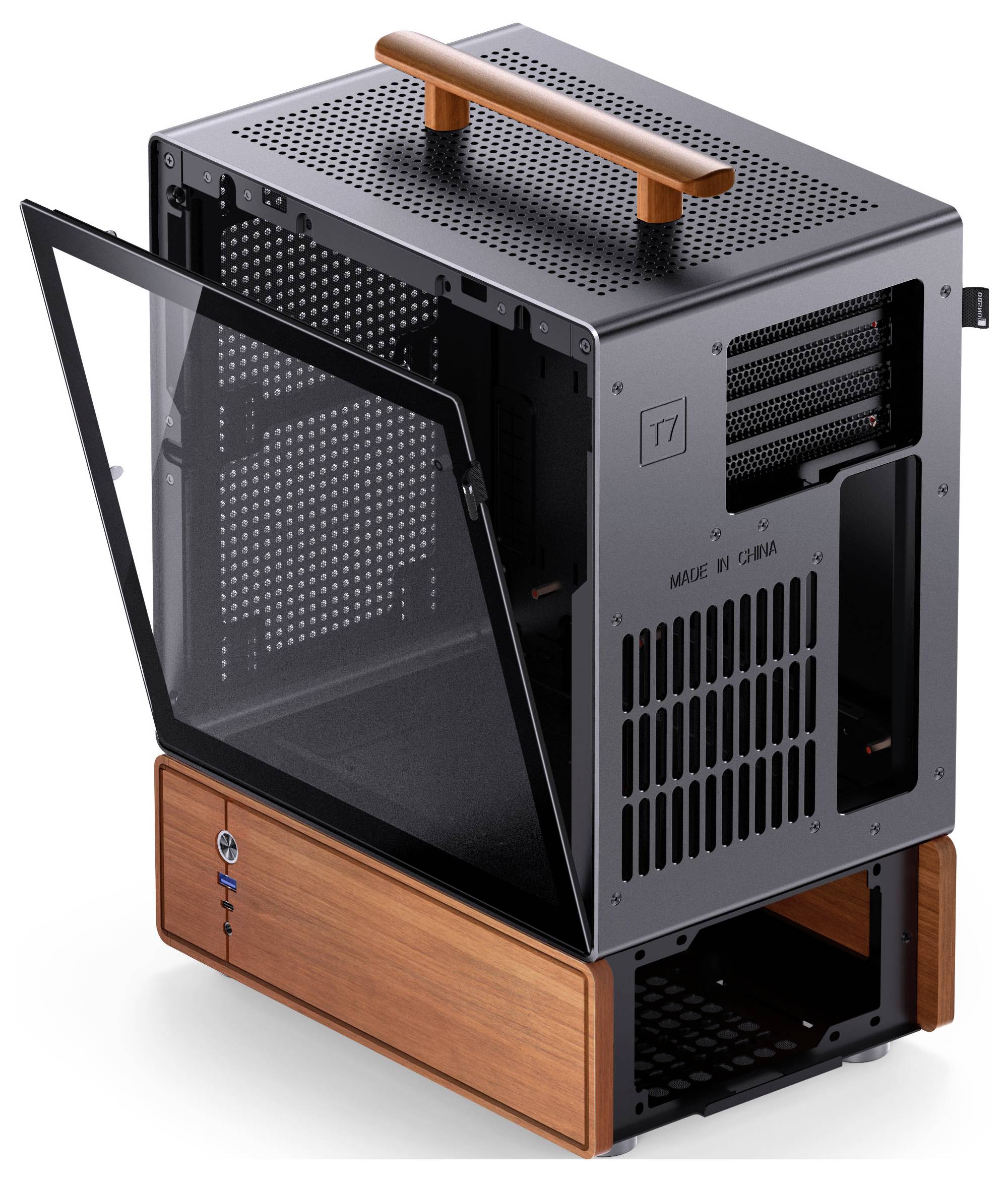 Ein kompaktes, offenes Computergehäuse mit Seitenpanel aus Glas und Holzelementen, ausgestattet mit einem Tragegriff für einfache Transportierbarkeit.