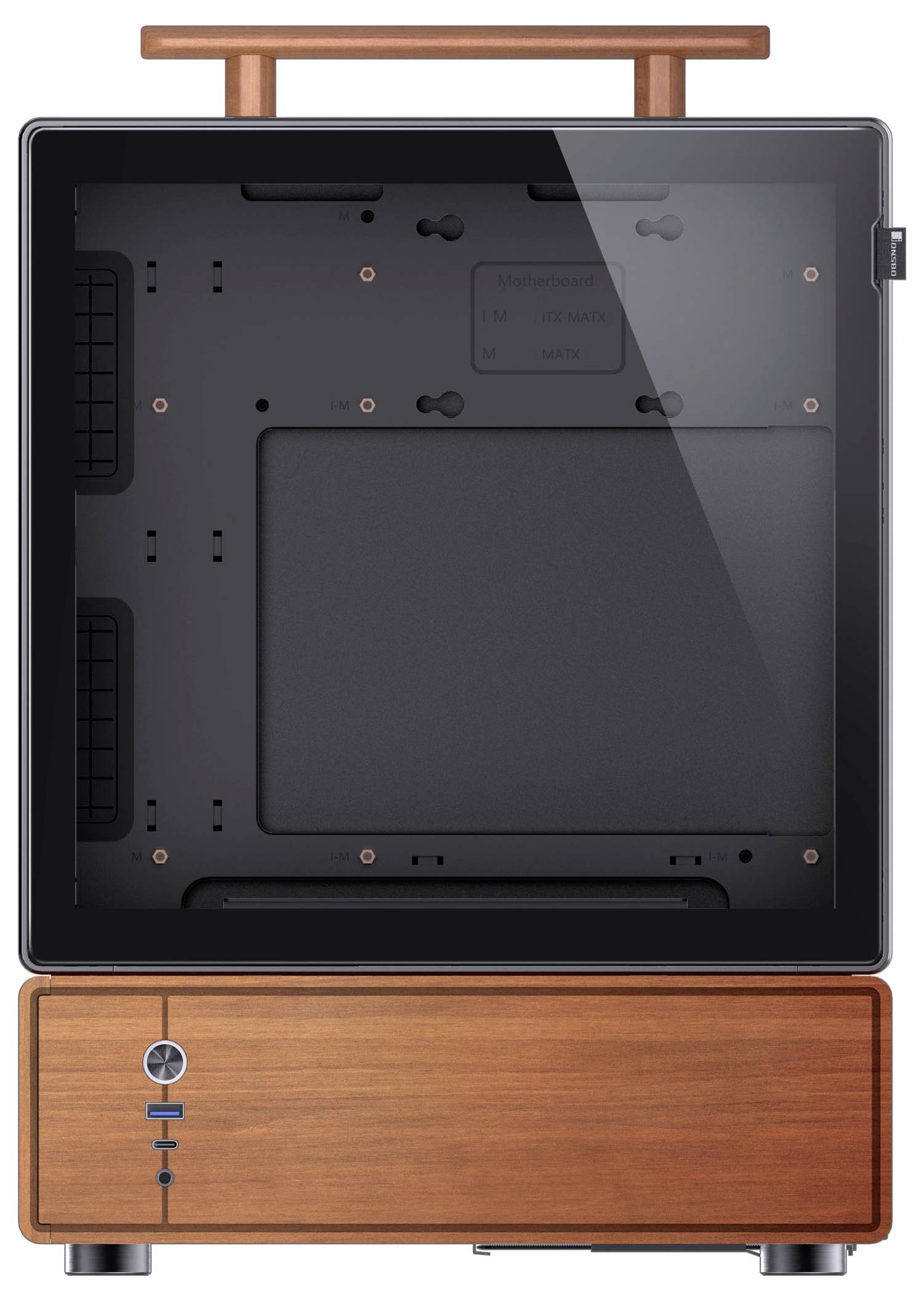 Ein würfelförmiges vertikales Computergehäuse mit transparentem Seitenfenster und Holzelementen, das ein minimalistisches Design und moderne Ästhetik präsentiert.