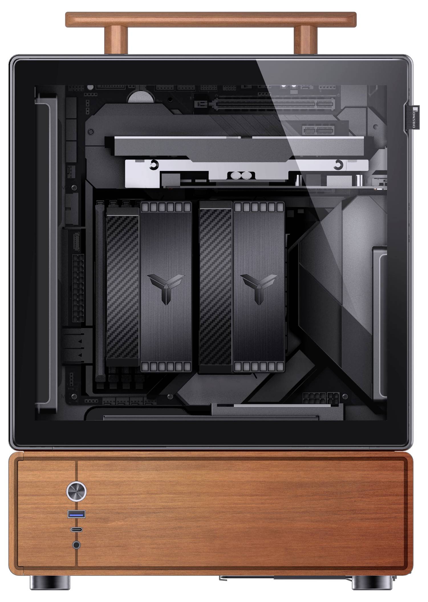 Ein moderner Desktop-Computer mit einer Holzbasis und einem transparenten Seitenpanel offenbart seine internen Komponenten, darunter zwei Kühlventilatoren.