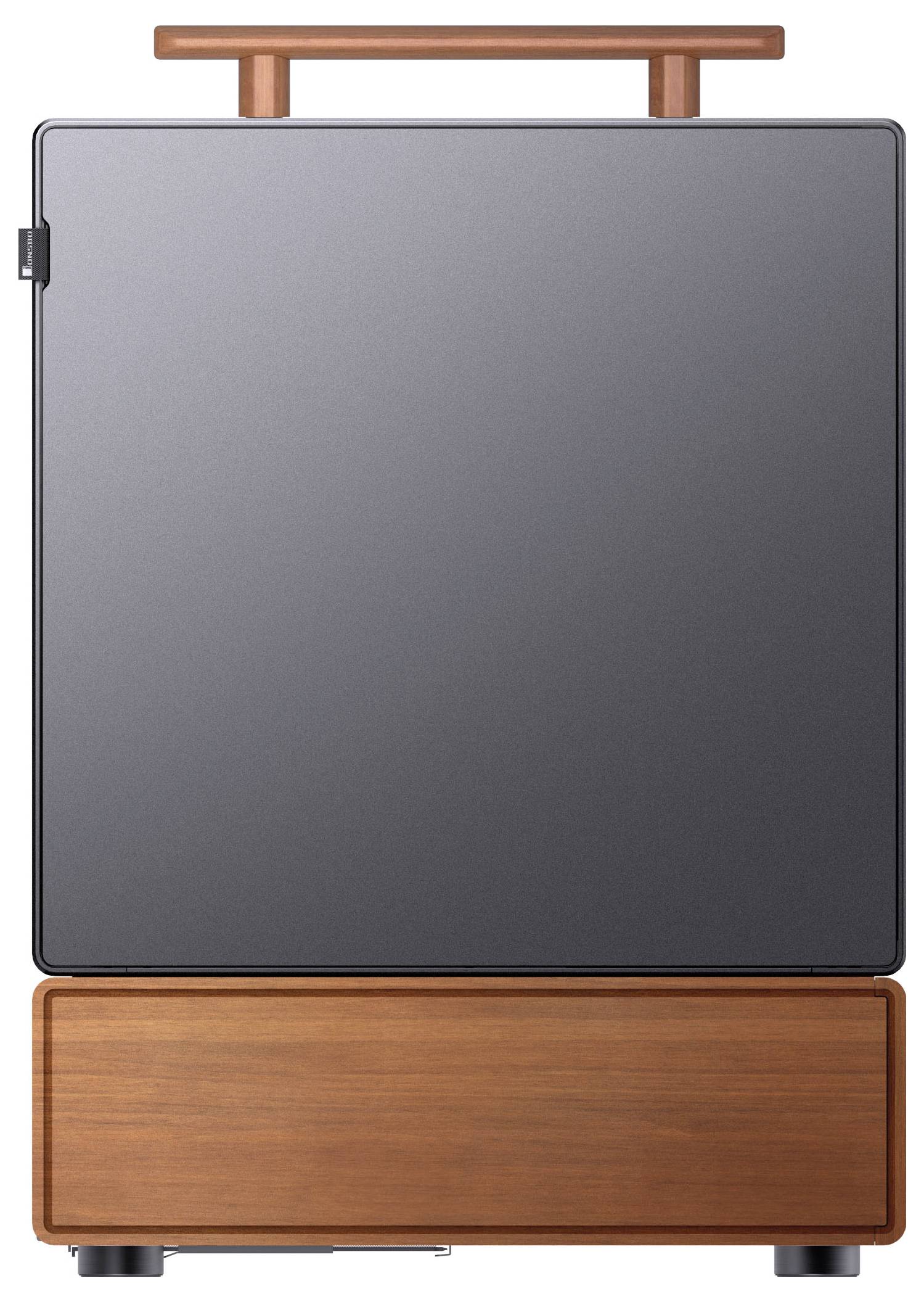 Ein moderner, kompakter Kühlschrank mit einer eleganten grauen Frontplatte und Holzakzenten, einschließlich eines Holzgriffs und einer Holzablage.