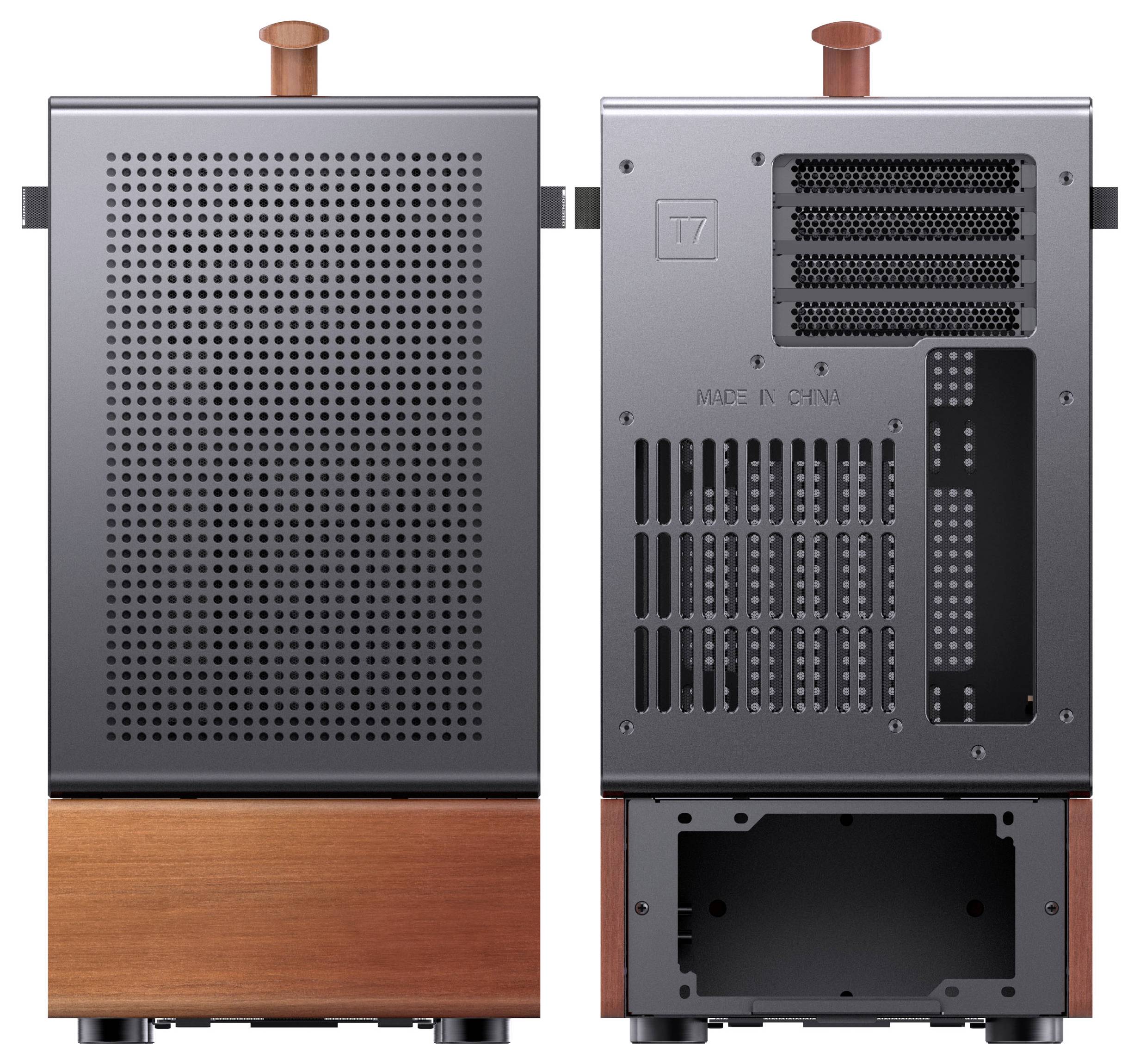 Rückansicht eines Desktop-Computergehäuses mit Belüftungslöchern und der Aufschrift 'MADE IN CHINA'. Das Gehäuse ruht auf einer Holzunterlage.