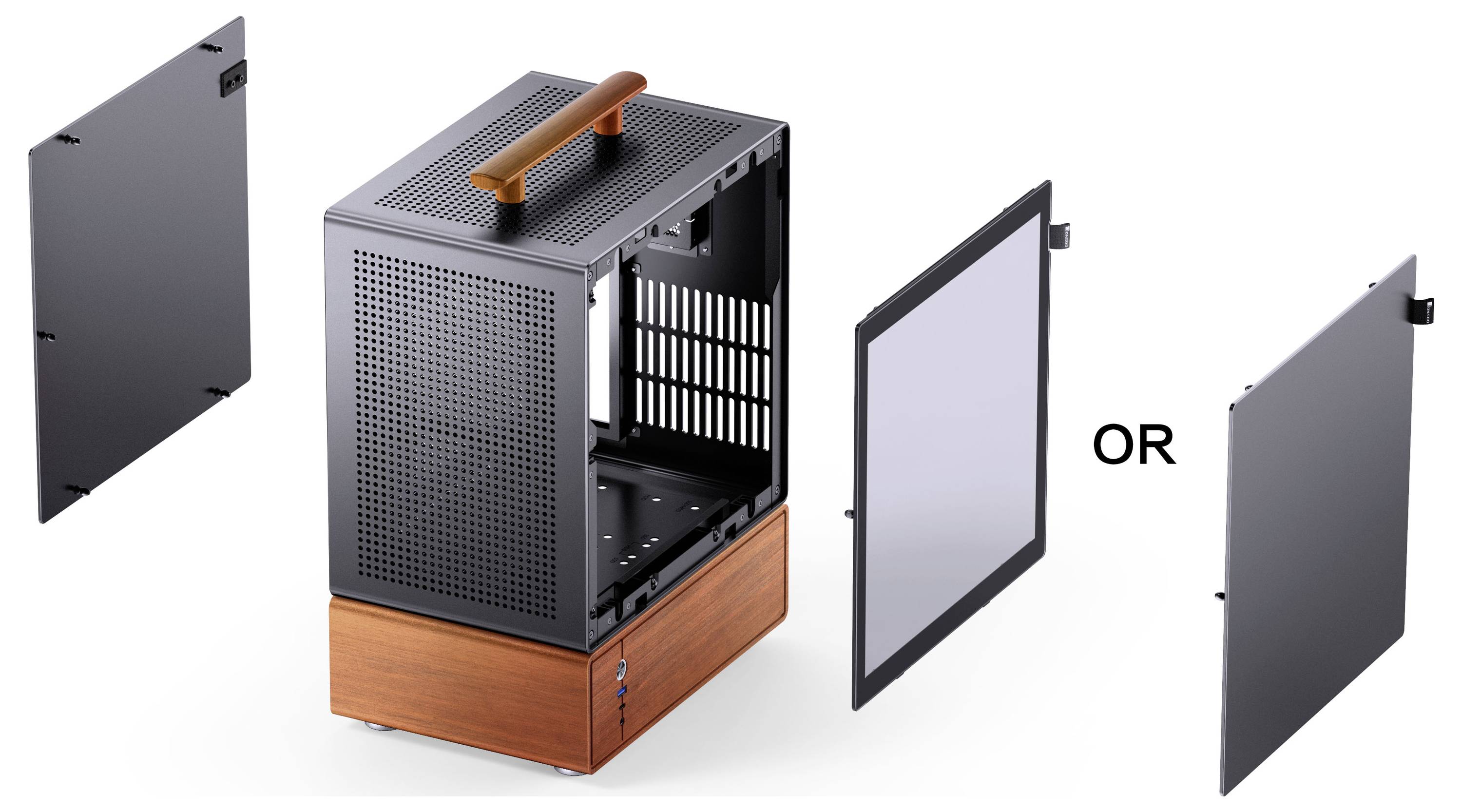 Computergehäuse mit elegantem, minimalistischem Design. Offene Blenden zeigen die Innenstruktur. Eine Auswahl zwischen massiven oder Glasseitenanschlüssen wird präsentiert.
