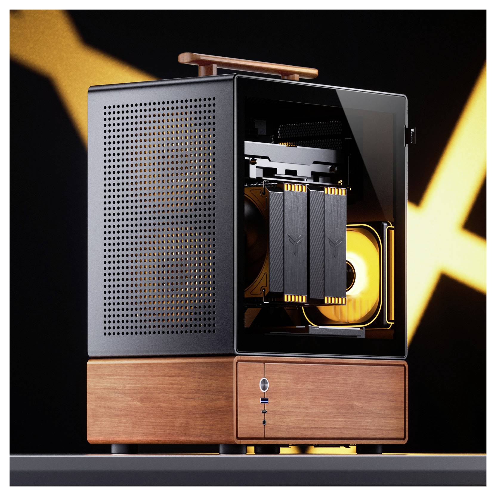 Ein modernes, kompaktes PC-Gehäuse mit gelochter Metallseite und Holzakzenten, das Innenkomponenten präsentiert und mit orangefarbener Beleuchtung ausgestattet ist.