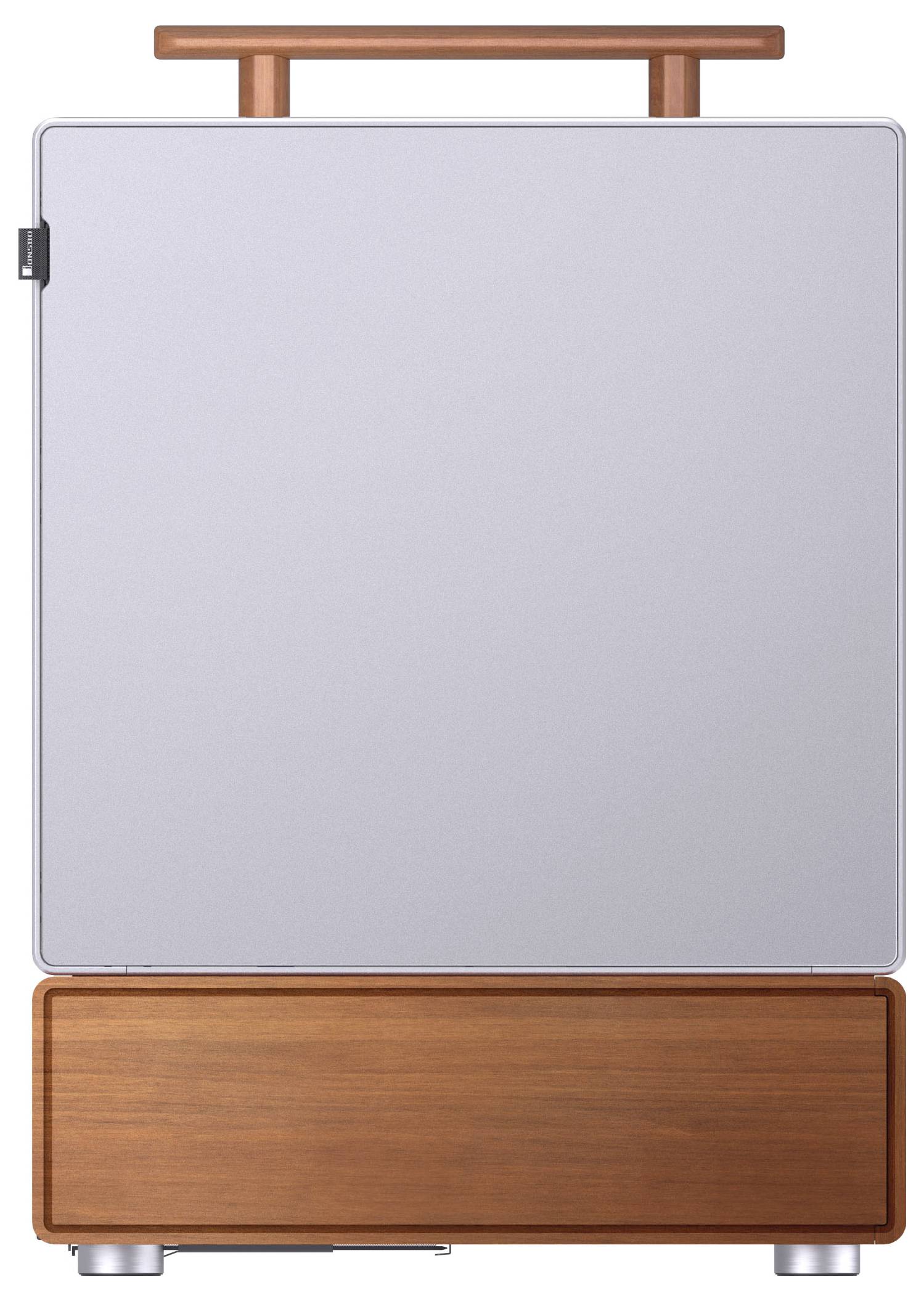 Ein moderner Kühlschrank mit einem Holzgriff und Holzsockel, silberner Frontplatte, elegantem Design und minimalistischer Ästhetik.