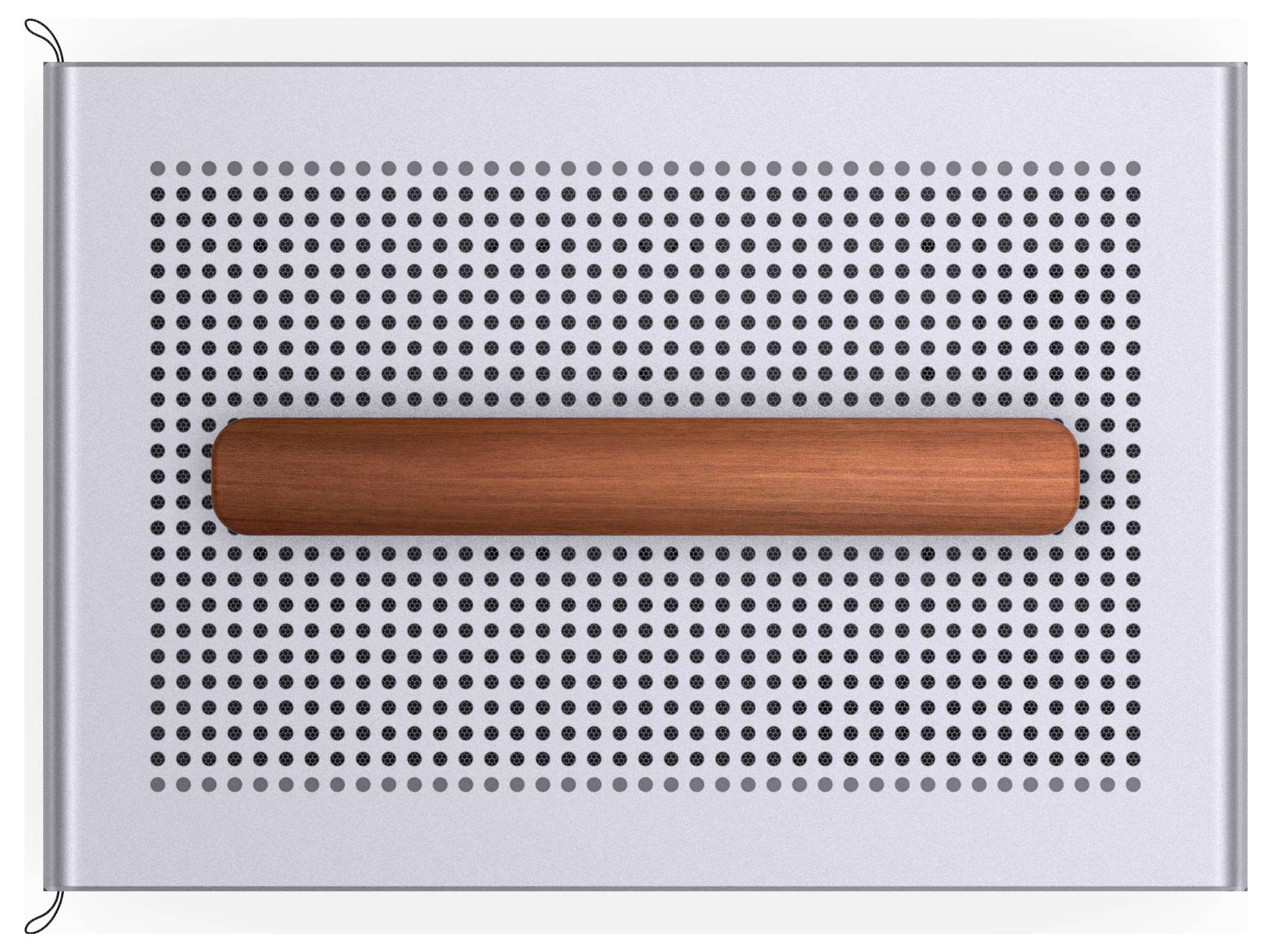 Ein rechteckiges weißes Panel mit einem Gitternetz aus kleinen Löchern und einem zentralen horizontalen Holzgriff, von oben betrachtet.
