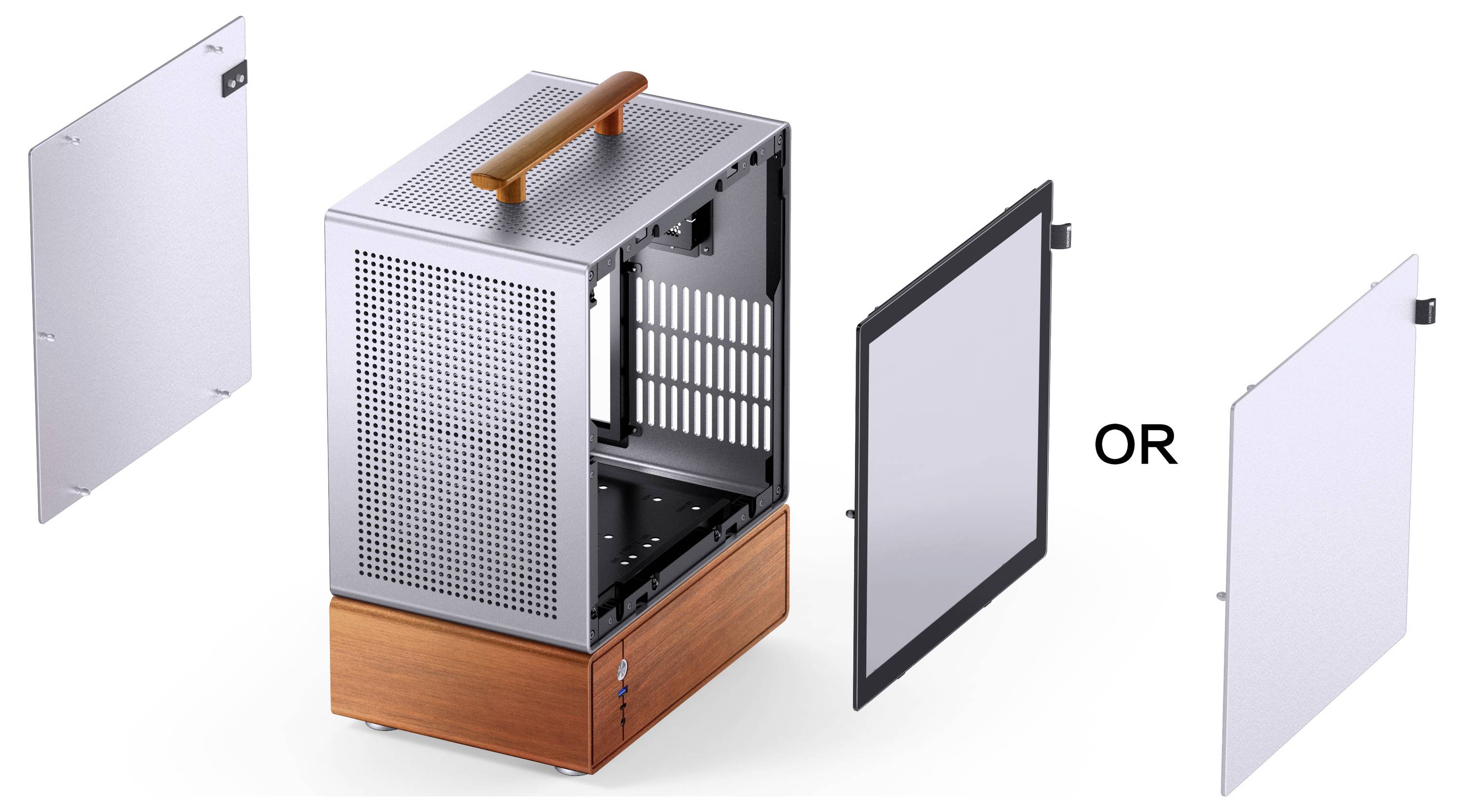 Ein Computergehäuse mit einer Holzbasis wird gezeigt, wobei die Seitenplatten entfernt sind. Eine Platte ist undurchsichtig, während die andere transparent ist.