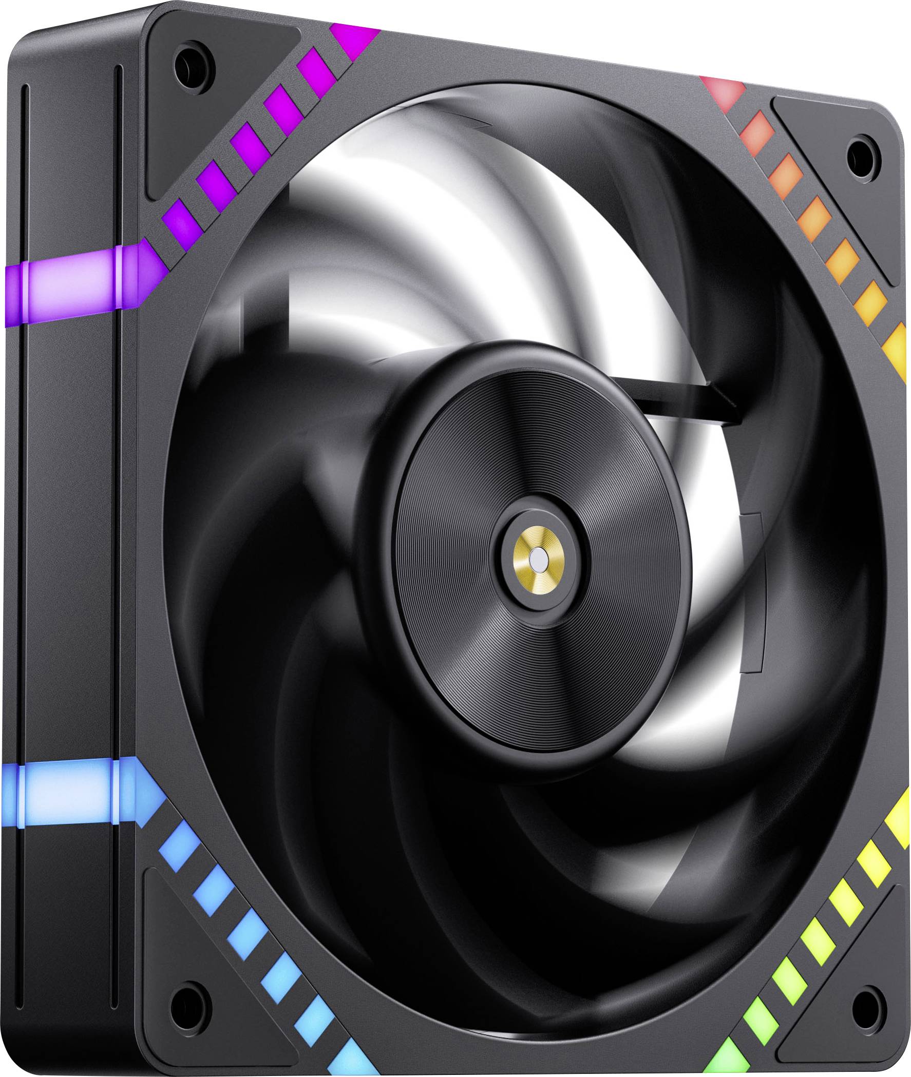 Schwarzer Computer-Gehäuselüfter mit bunten LED-Lichtern an den Kanten, mit einem zentralen Nabenelement und geschwungenen Rotorblättern, für Kühlsysteme konzipiert.