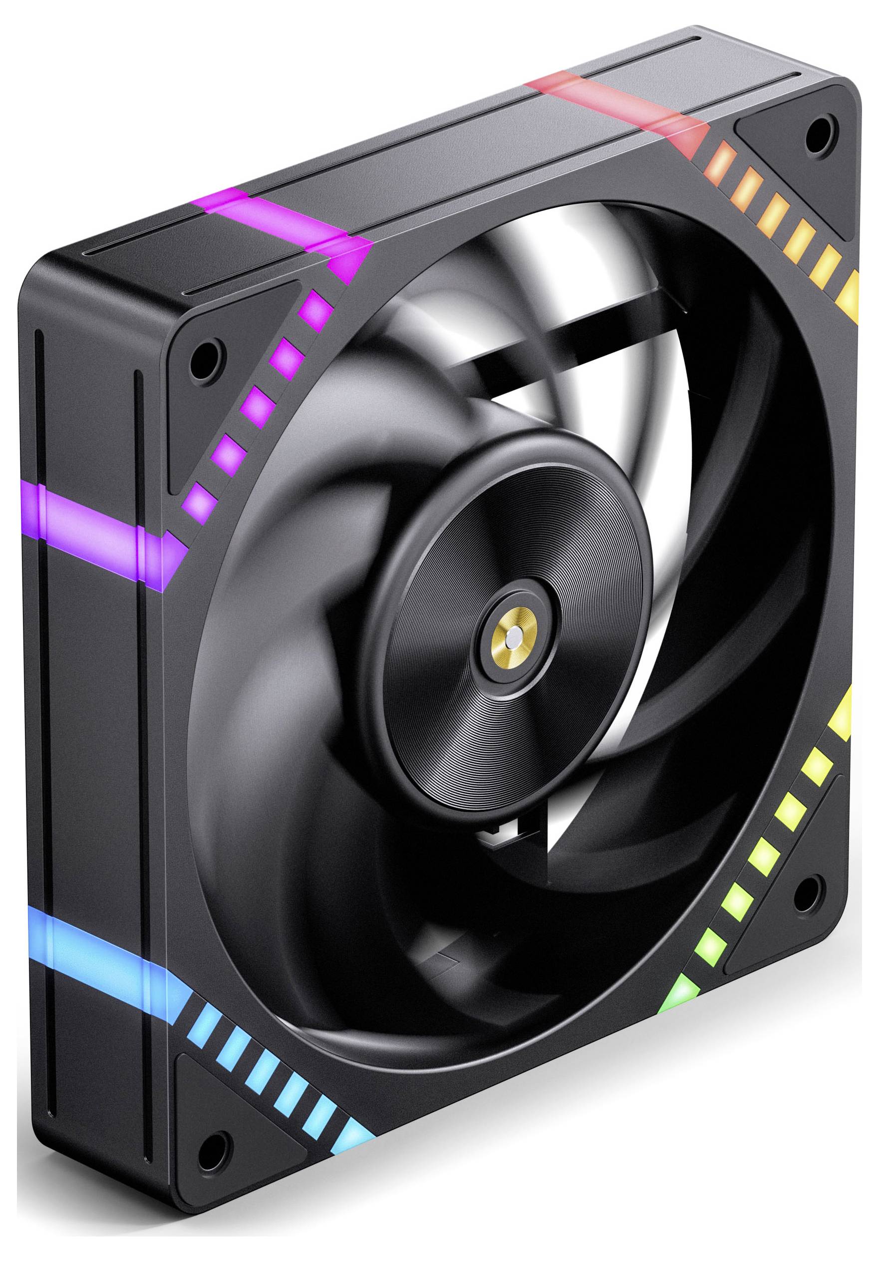 Ein schwarzer Computerlüfter mit RGB-Beleuchtung am Rahmen, der bunte beleuchtete Streifen in Blau, Rot und Gelb zeigt.