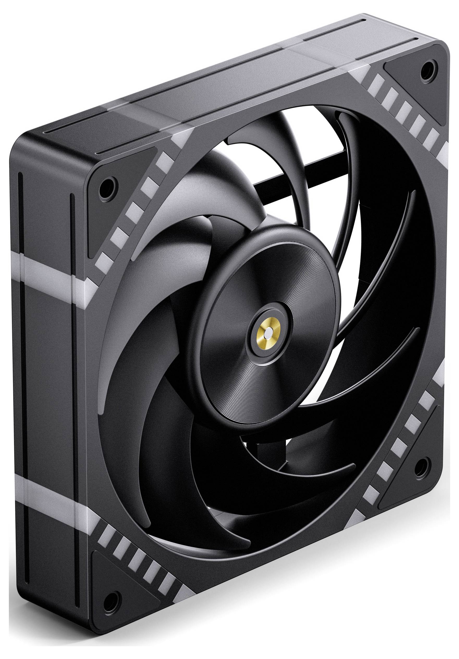 Ein schlanker schwarzer Computer-Kühlventilator mit gebogenen Klingen, entwickelt für effiziente Luftzirkulation, verfügt über einen soliden Rahmen mit dezenten reflektierenden Akzenten.
