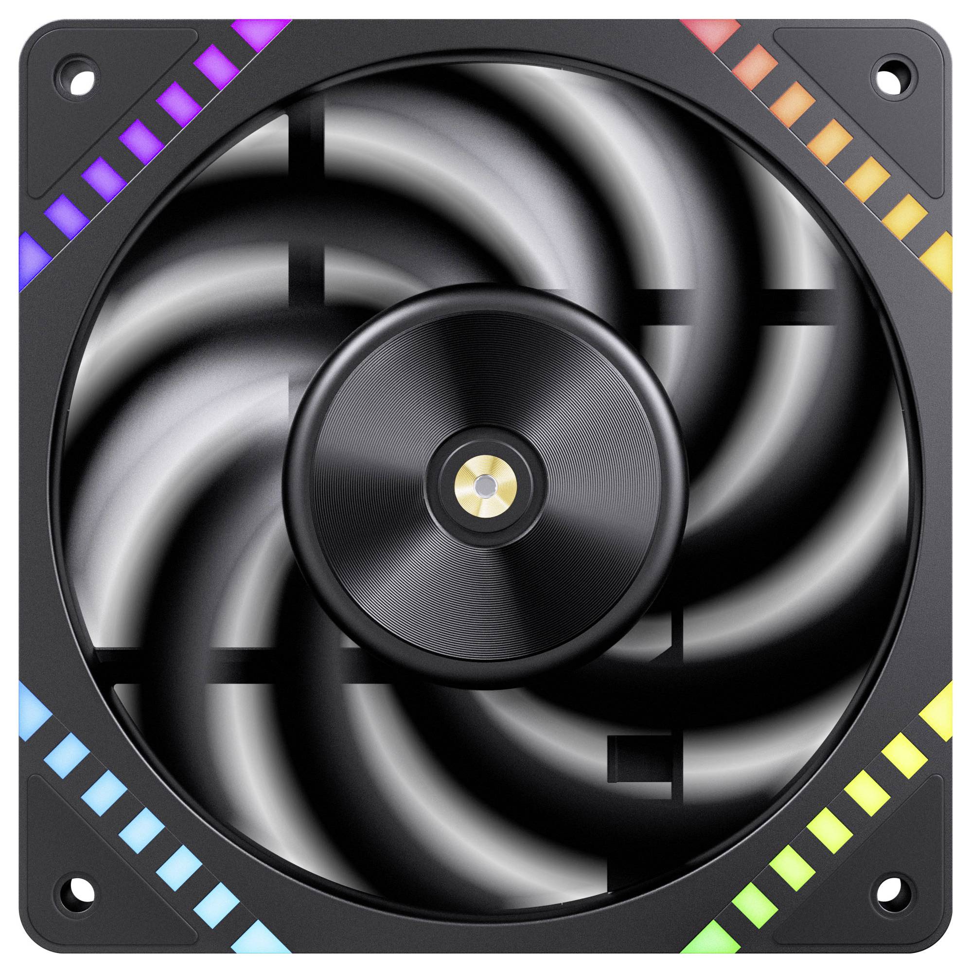 Ein Computerlüfter mit bunten LED-Lichtern am Rahmen, der ein kreisförmiges Muster aus rotierenden Lüfterblättern zeigt.