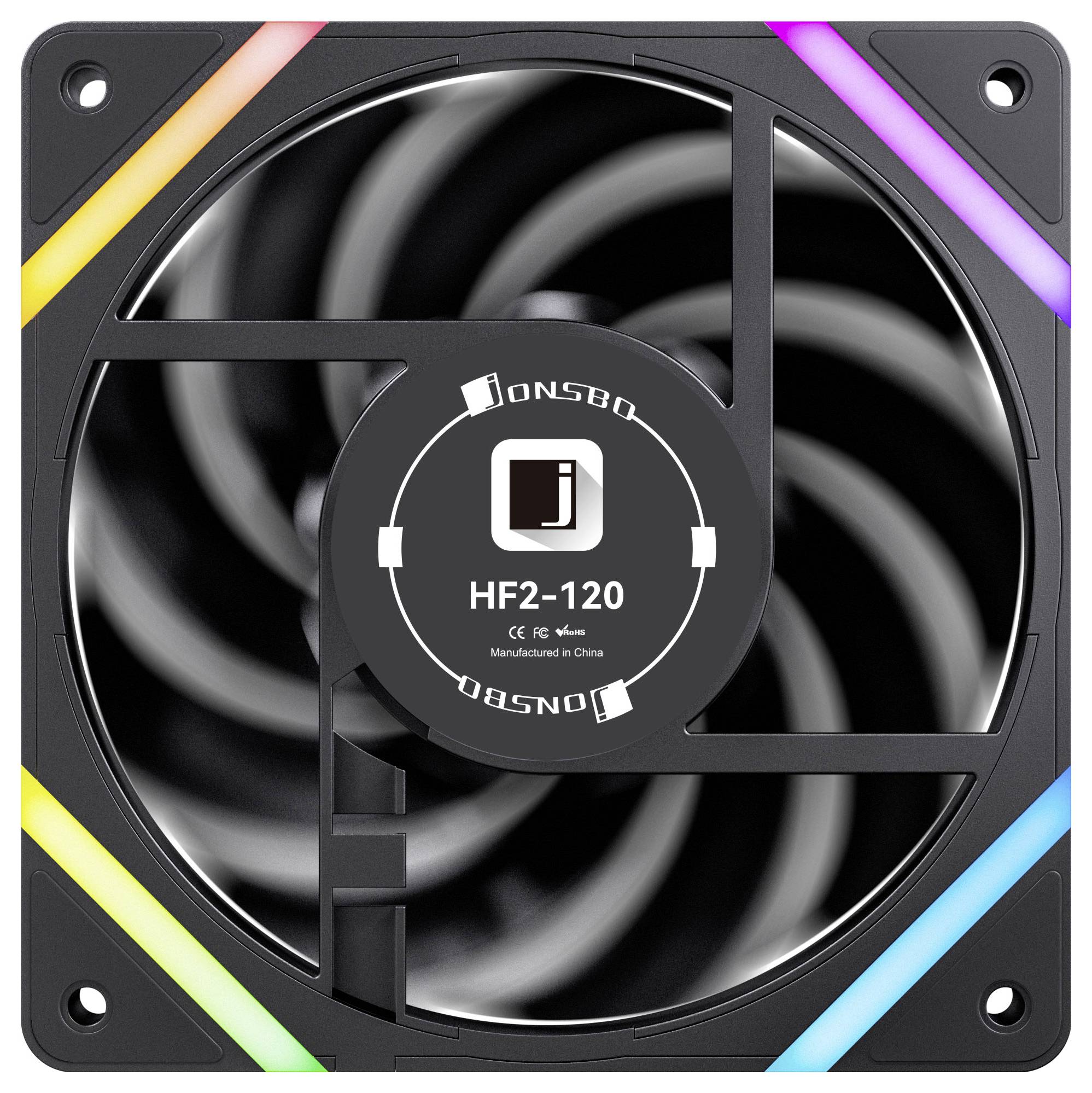 Schwarzer Computer-Kühlventilator mit RGB-Beleuchtung an den Seiten, mit der Bezeichnung HF2-120, zeigt spiralförmige Klingen in der Mitte. Markenname und Modell sind sichtbar.