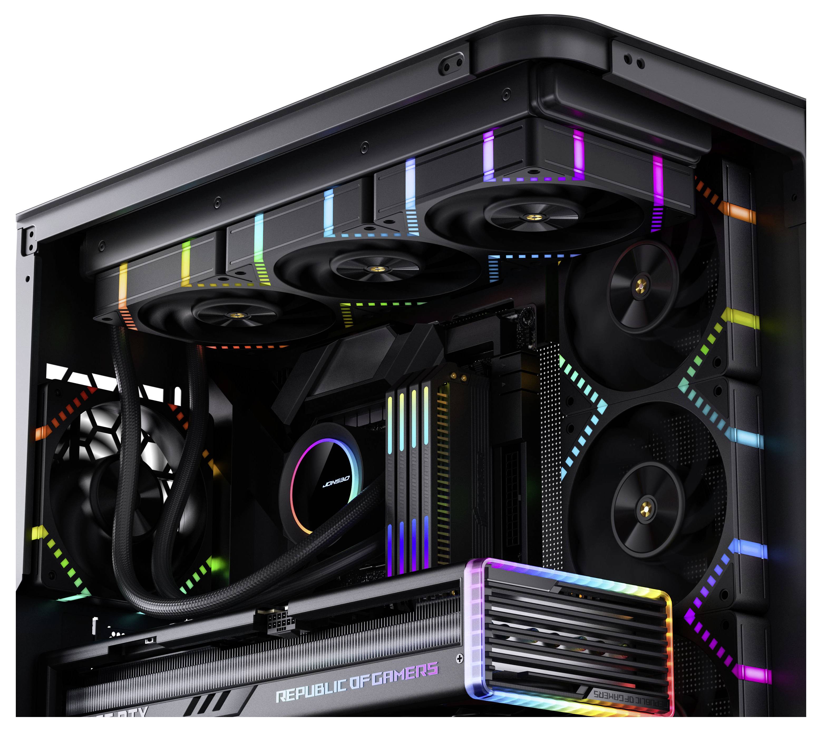 Ein Gaming-PC mit bunter RGB-Beleuchtung, ausgestattet mit großen Lüftern, Kühlschläuchen und der „Republic of Gamers