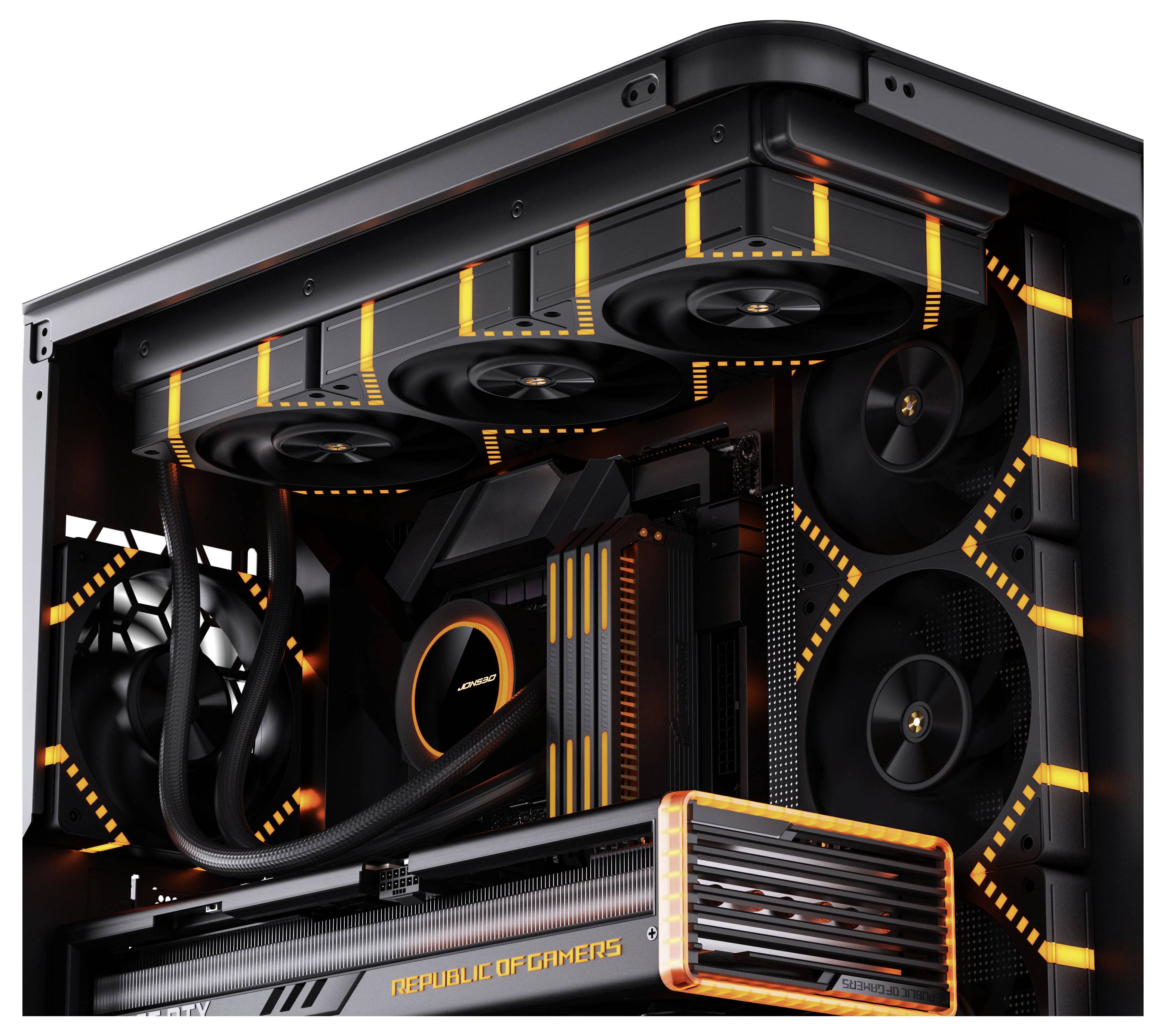 Ein High-Performance-Gaming-PC mit LED-Beleuchtung, ausgestattet mit mehreren Kühlventilatoren und Komponenten mit der Beschriftung 