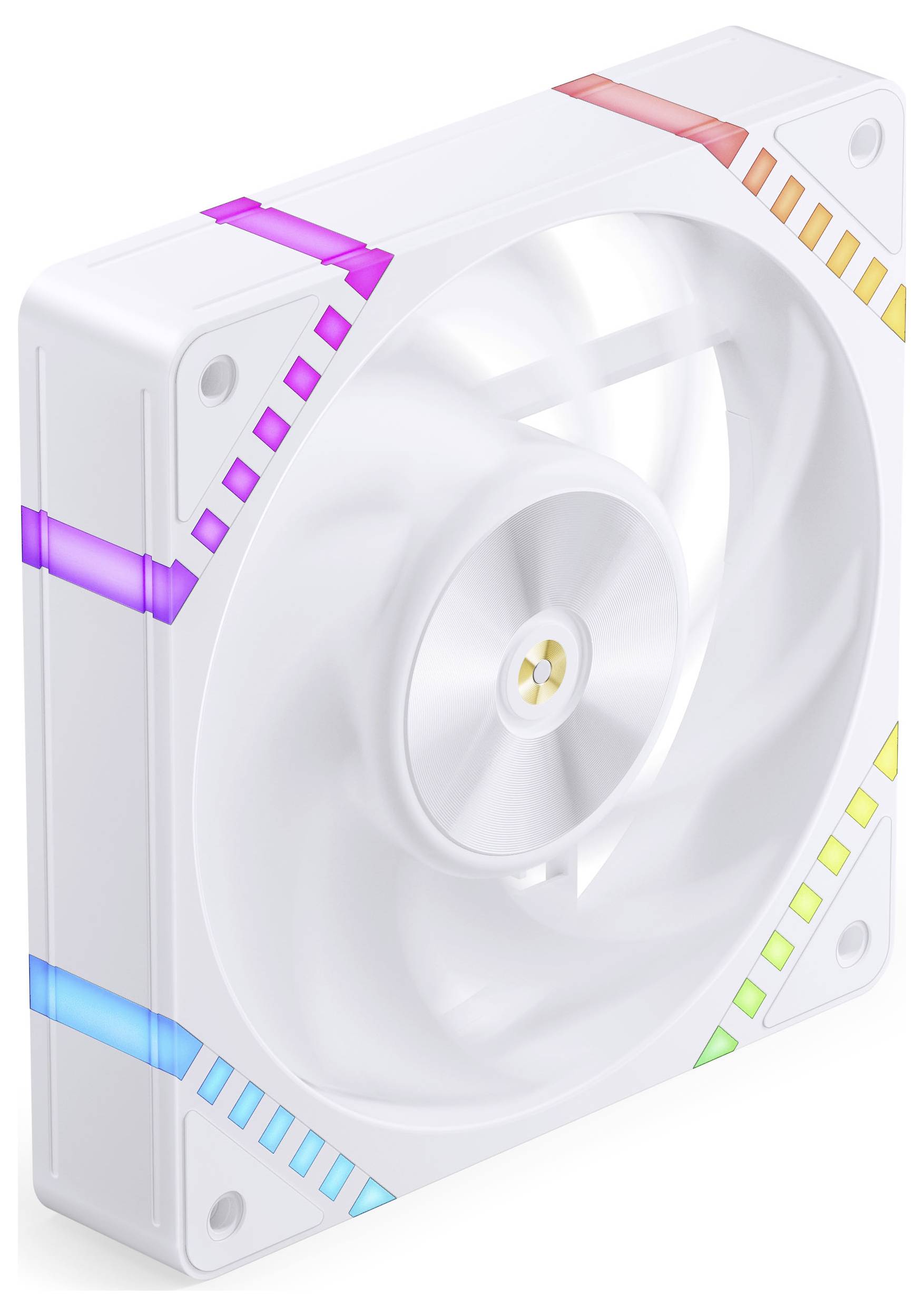 Ein weißer Computer-Kühlventilator mit bunten LED-Lichtstreifen an den Kanten, entwickelt zur Verbesserung der Ästhetik und Luftzirkulation in einem PC-Gehäuse.