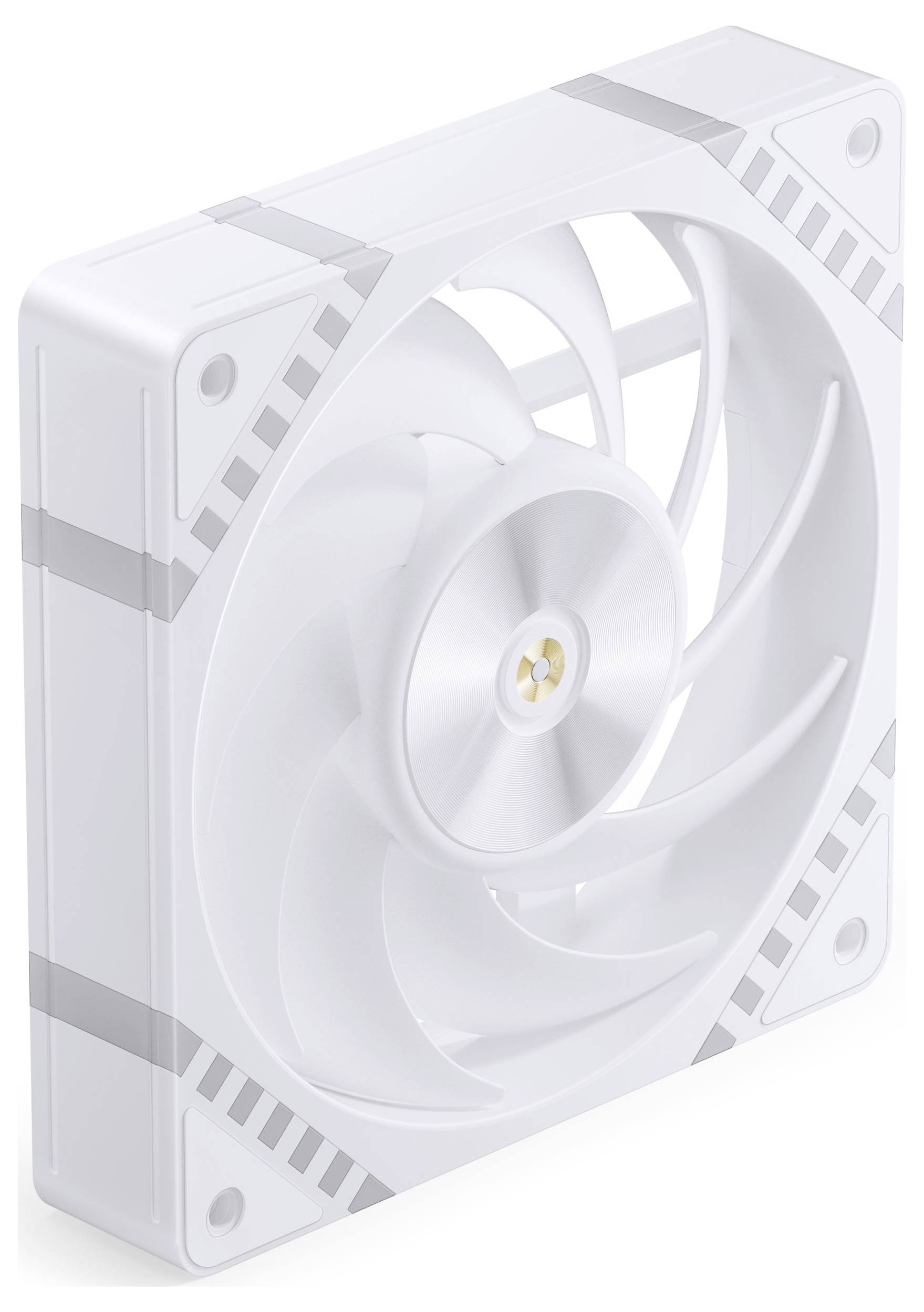 Ein weißer Computer-Kühlventilator mit elegantem Design, ausgestattet mit diagonalen Streifenakzenten und einem kreisförmigen Mittelnabe, aus einem Winkel betrachtet.
