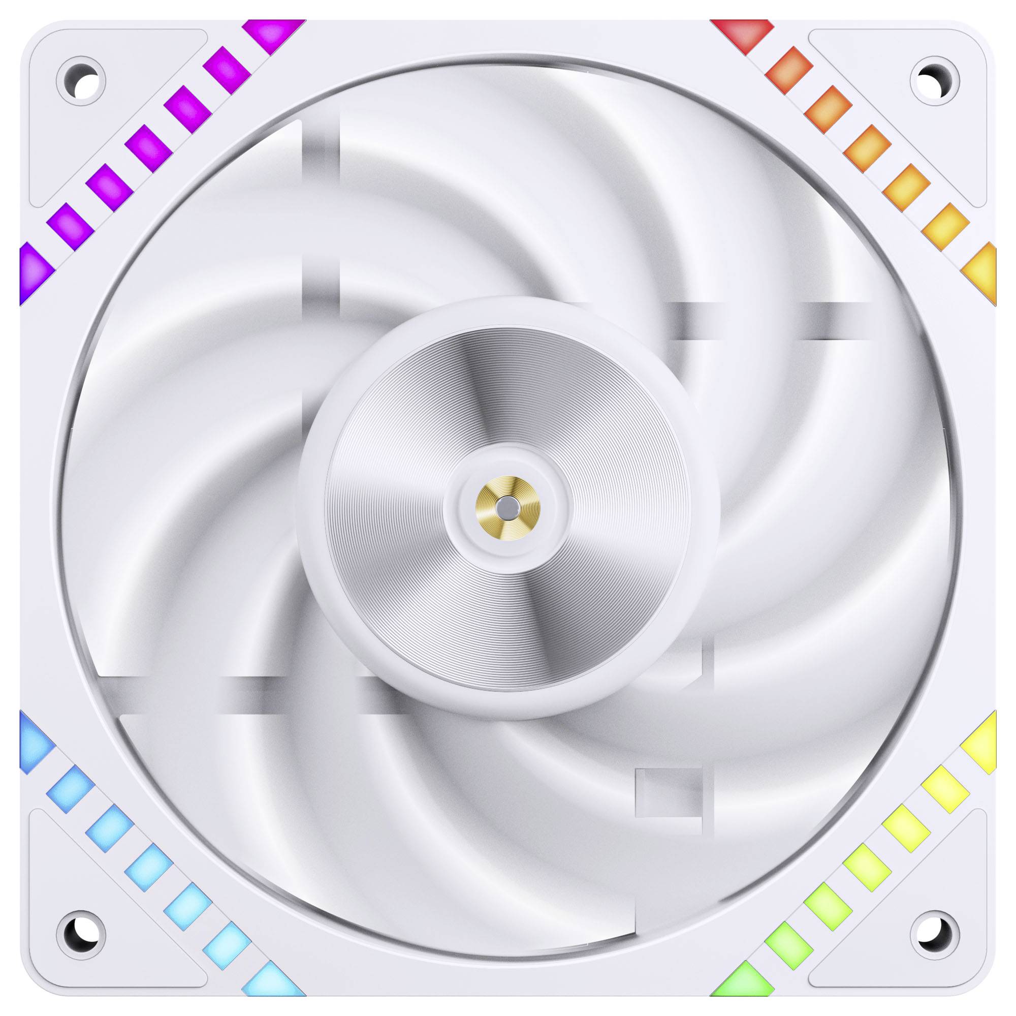 Ein quadratischer weißer Computerlüfter mit mehrfarbigen LED-Lichtern in den Ecken, ausgestattet mit geschwungenen Rotorblättern und einem zentralen Nabenelement.